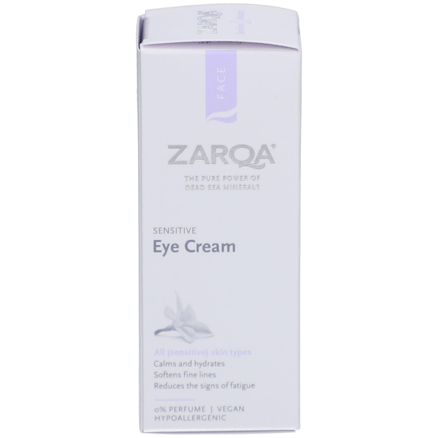 ZARQA Eye Cream Verpackung. Weiß mit lila Akzenten. Text: Eye Cream, für alle Hauttypen, beruhigt und hydratisiert.