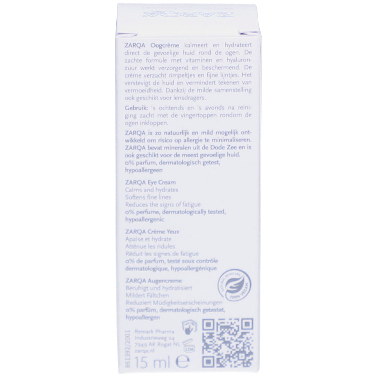Rückseite der ZARQA Augencreme Verpackung. Text in mehreren Sprachen, 15 ml. Marke und Logo oben.