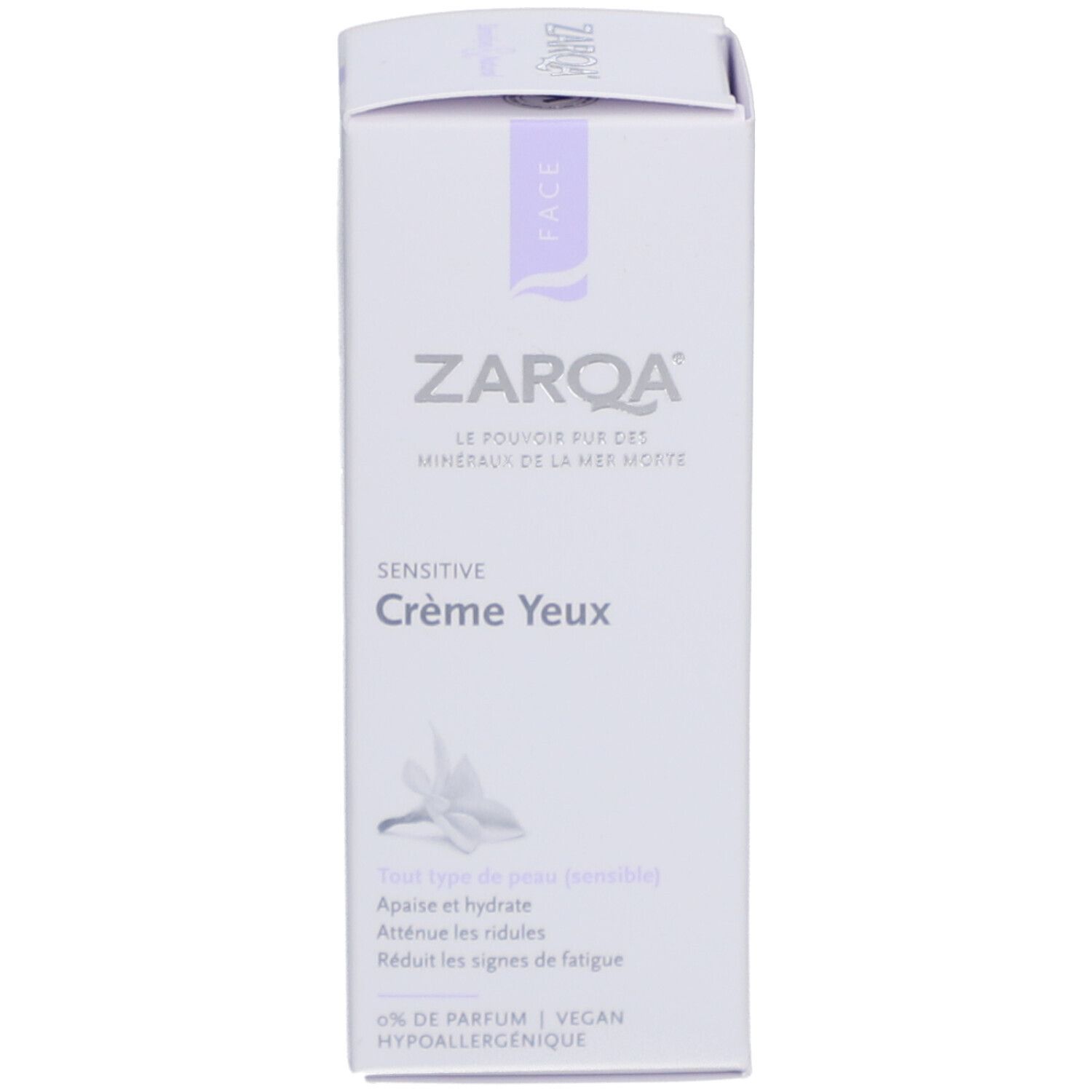 ZARQA Crème Yeux Verpackung. Weiß mit lila Akzenten. Text: Crème Yeux, für alle Hauttypen, reduziert Fältchen.