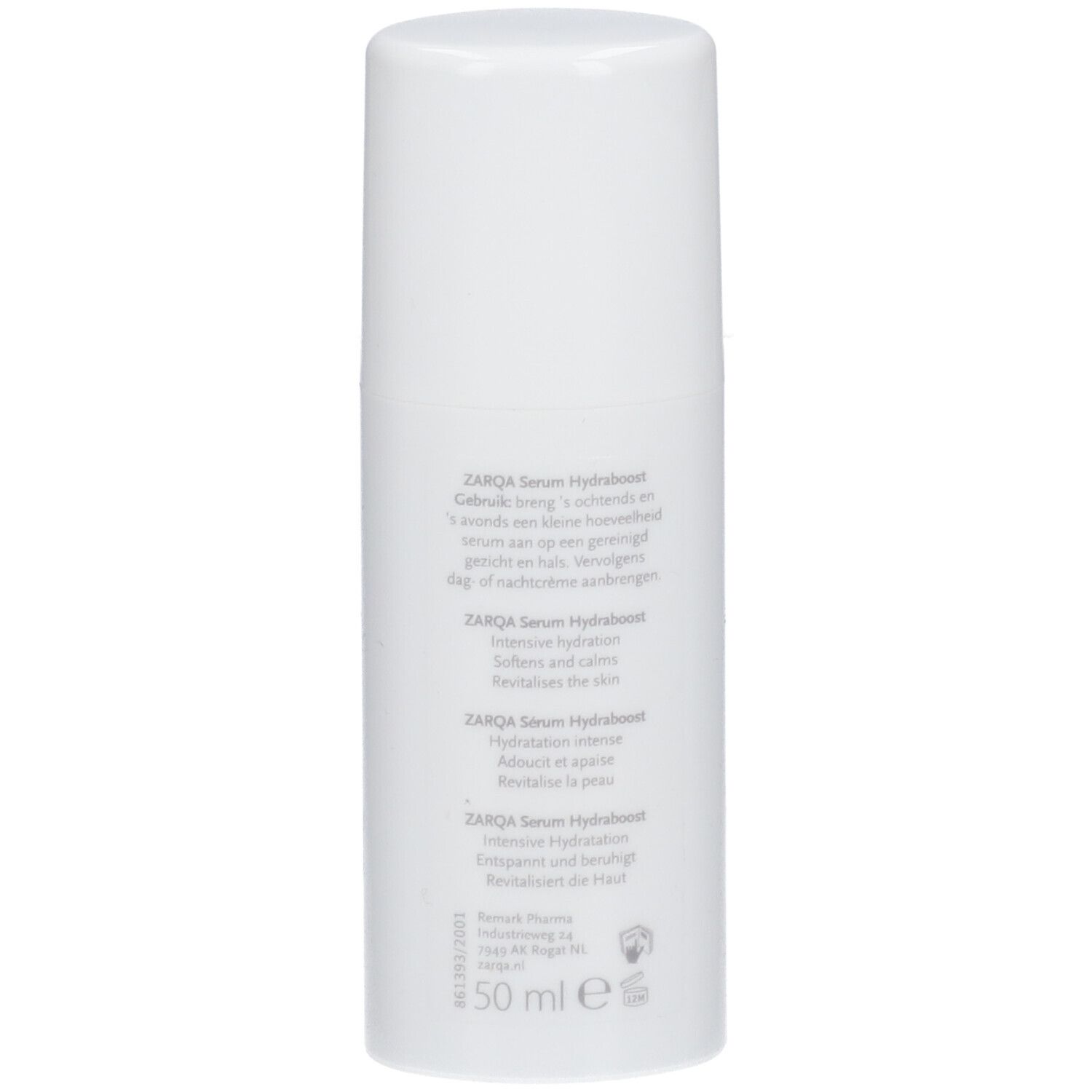 Achterkant van de ZARQA Sensitive Serum Hydraboost fles. Tekst in meerdere talen. Ingrediënten en fabrikant informatie.