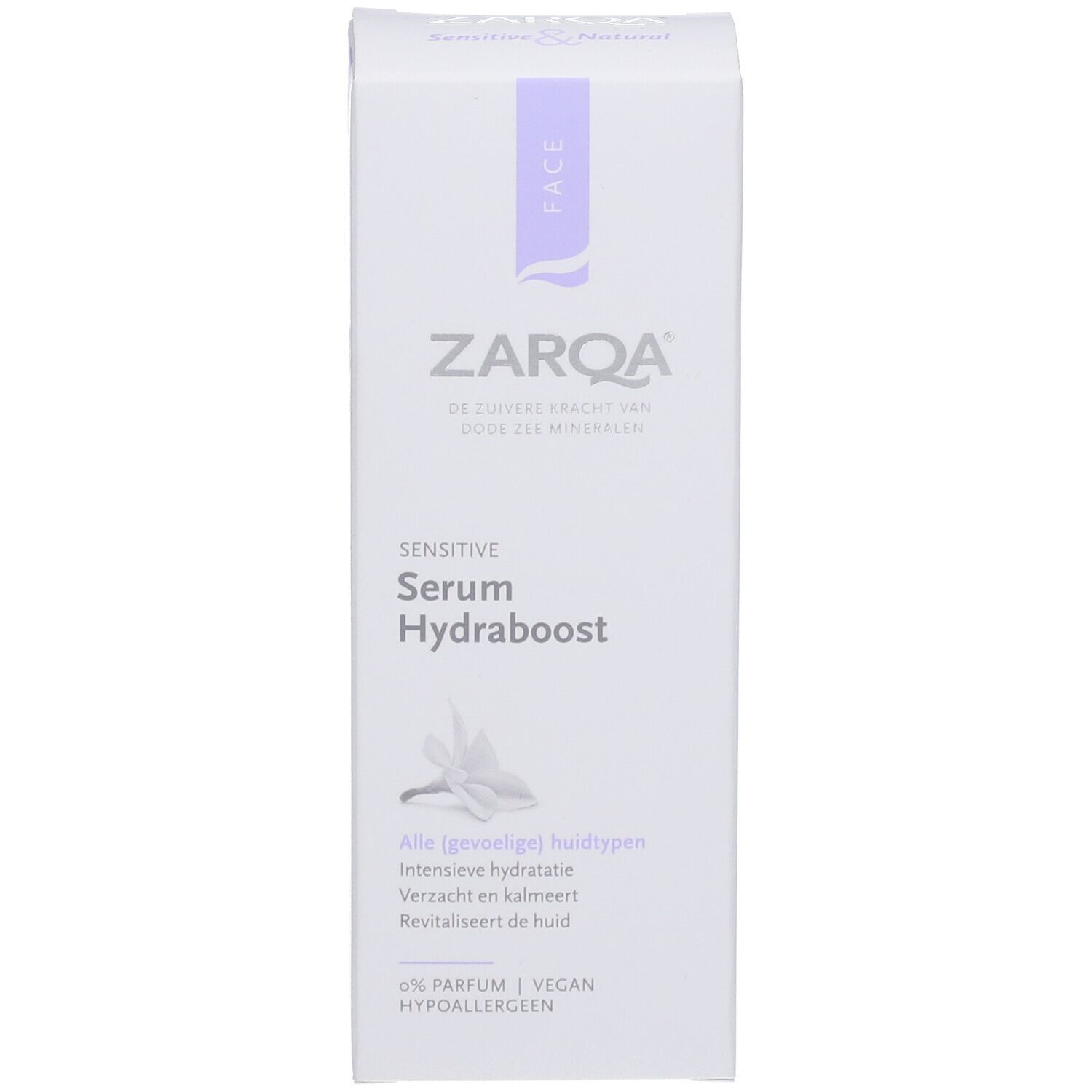 ZARQA Sensitive Serum Hydraboost verpakking. Witte doos met paarse accenten. Productnaam en logo. Tekst: Sensitive Serum Hydraboost.