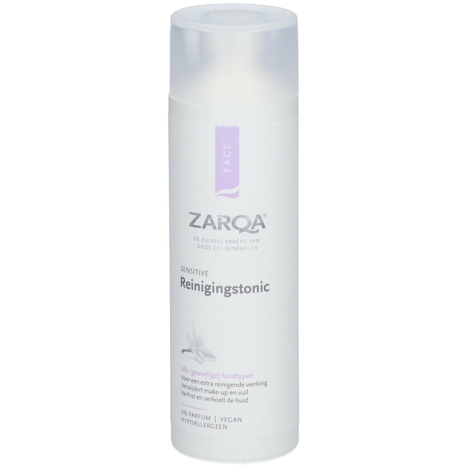 ZARQA Sensitive Reinigungstonic. Witte fles met paars etiket. Transparante dop. Tekst: Sensitive, Reinigungstonic, Face.