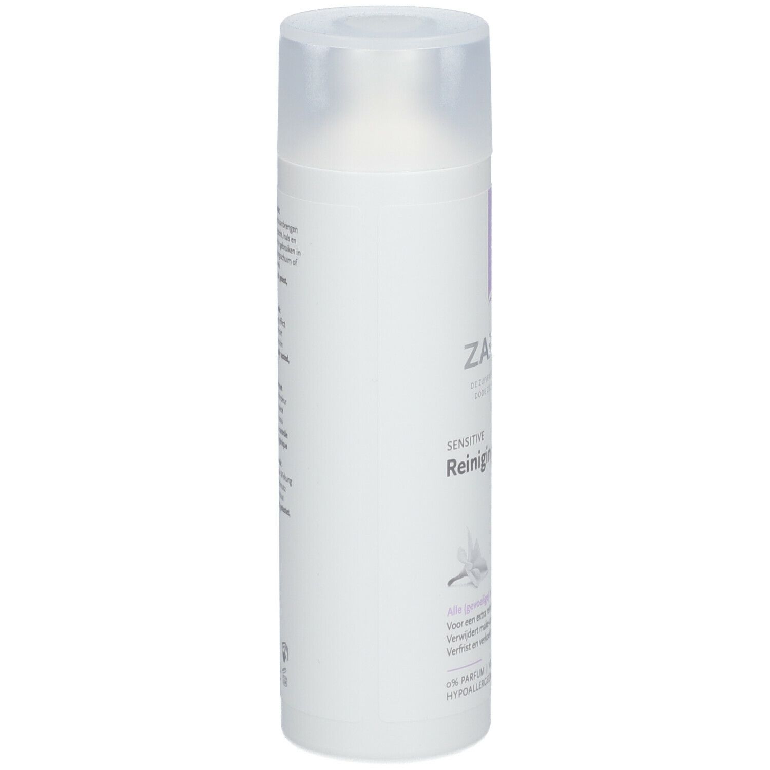 ZARQA Sensitive Reinigungstonic. Witte fles met transparante dop. Zijaanzicht. Tekst onleesbaar.