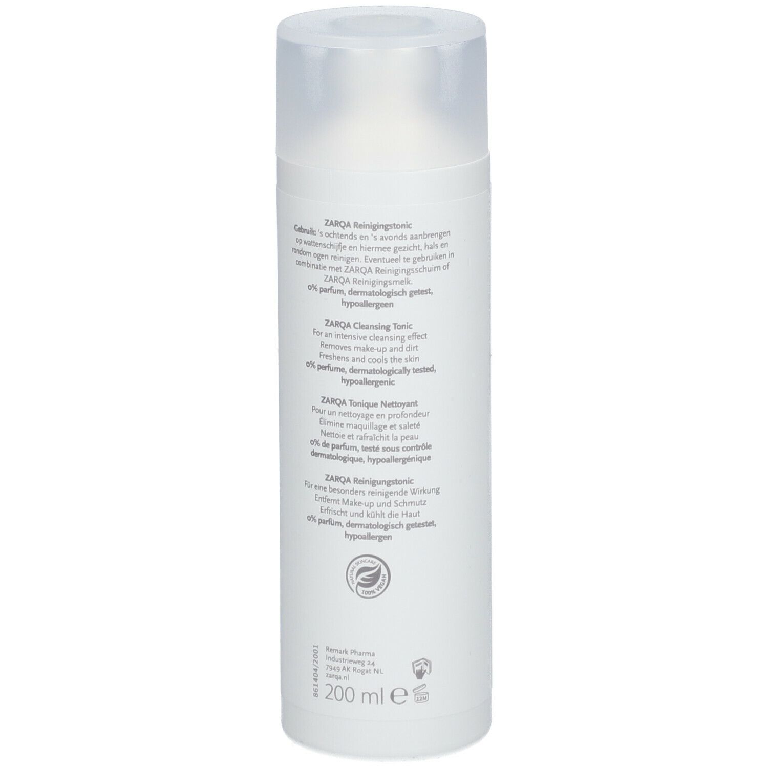ZARQA Sensitive Reinigungstonic. Witte fles met transparante dop. Achterkant met tekst. 200 ml.