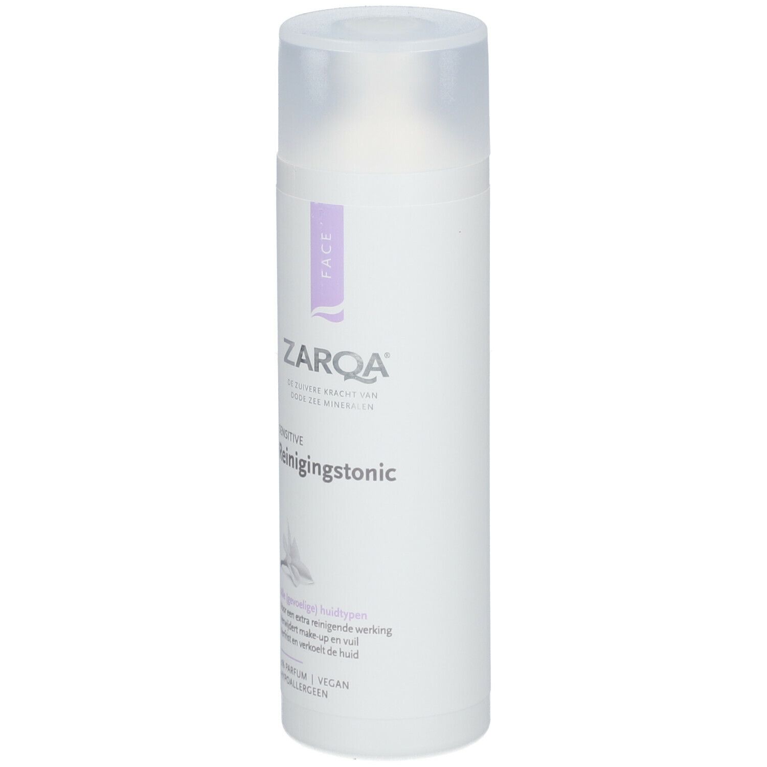 ZARQA Sensitive Reinigungstonic. Witte fles met paars etiket. Transparante dop. Tekst: Sensitive, Reinigungstonic, Face.