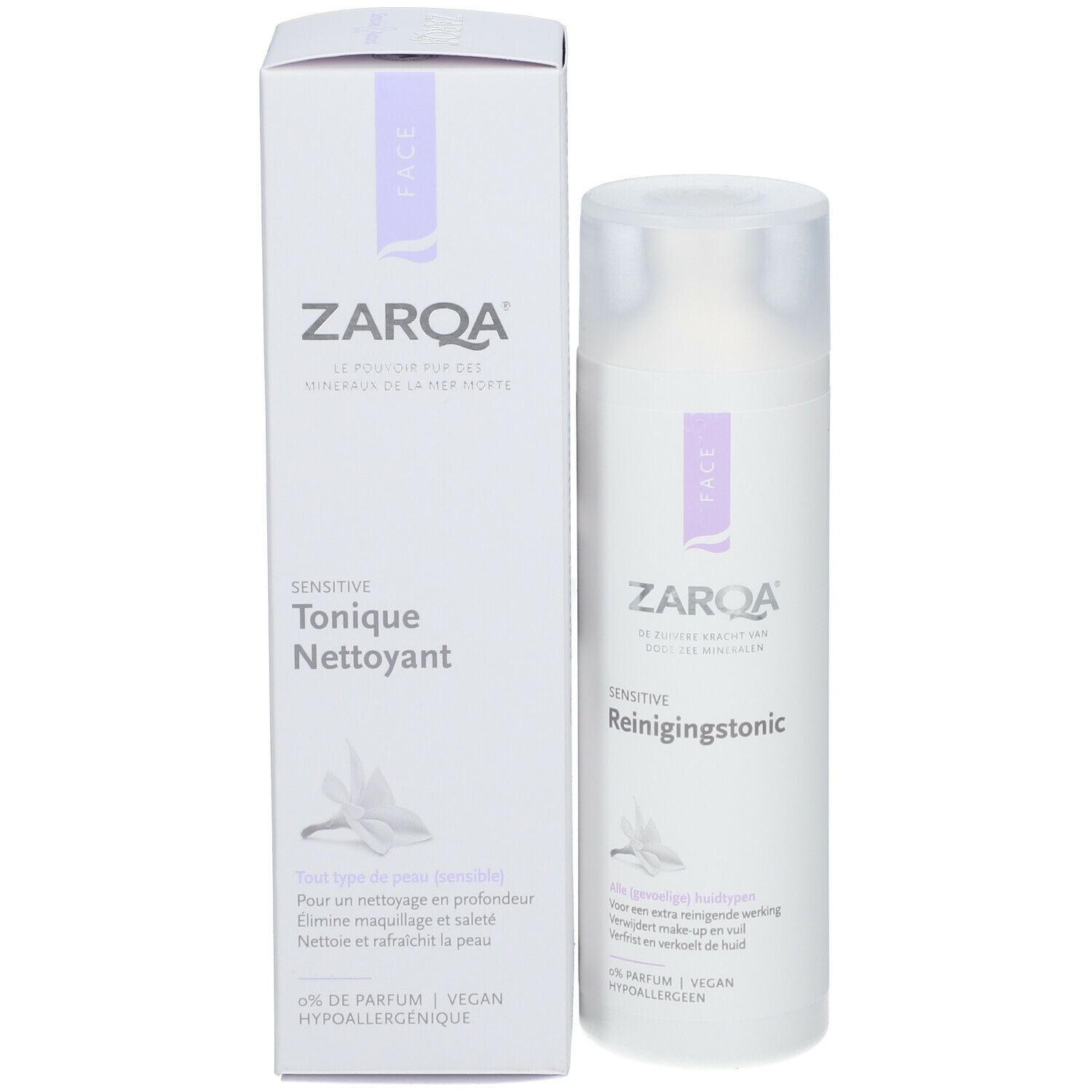 ZARQA Sensitive Reinigungstonic en verpakking. Witte fles en doos. Tekst: Sensitive, Tonique Nettoyant, Face.