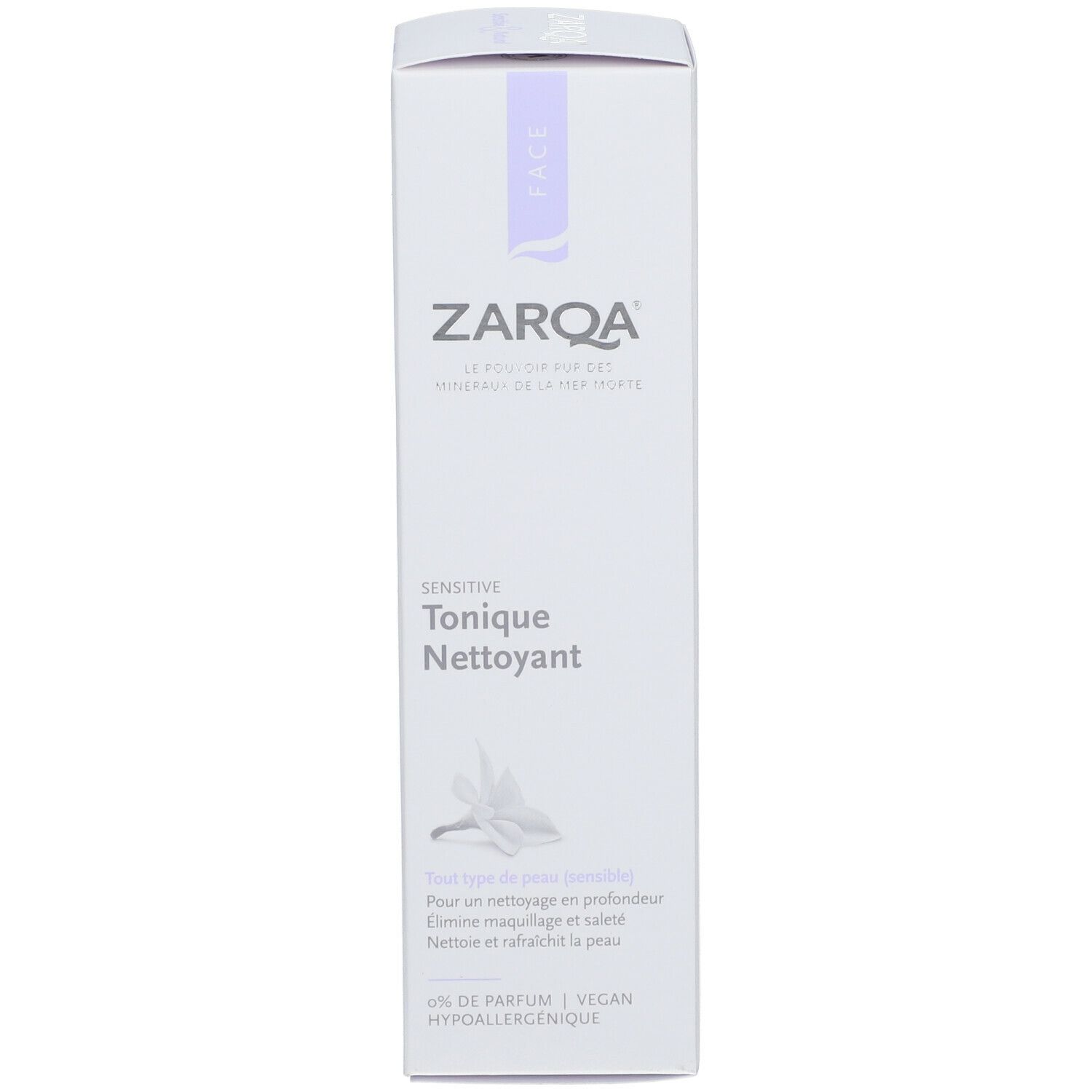 ZARQA Sensitive Reinigungstonic. Witte verpakking met paarse accenten. Tekst: Sensitive, Tonique Nettoyant, Face.