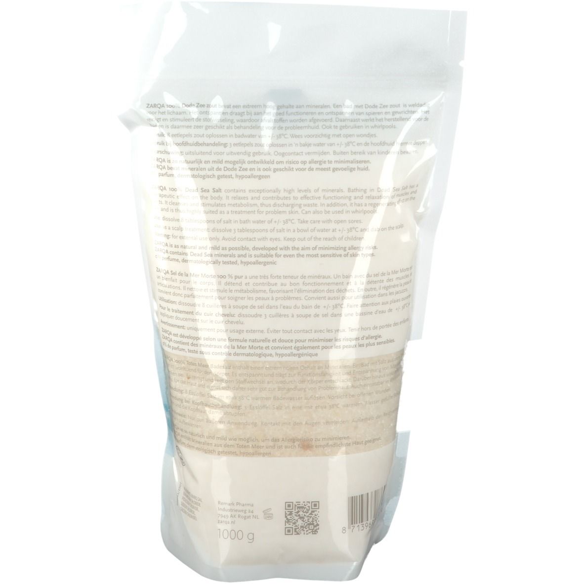 Rückseite der ZARQA®-Verpackung mit Text. Enthält Informationen über das Produkt und Inhaltsstoffe.
