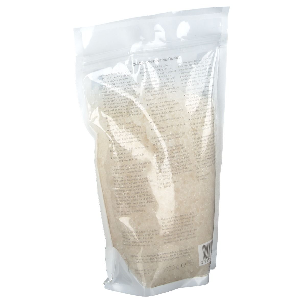 Schrägansicht der ZARQA®-Verpackung. Text auf der Rückseite. 1000 g.
