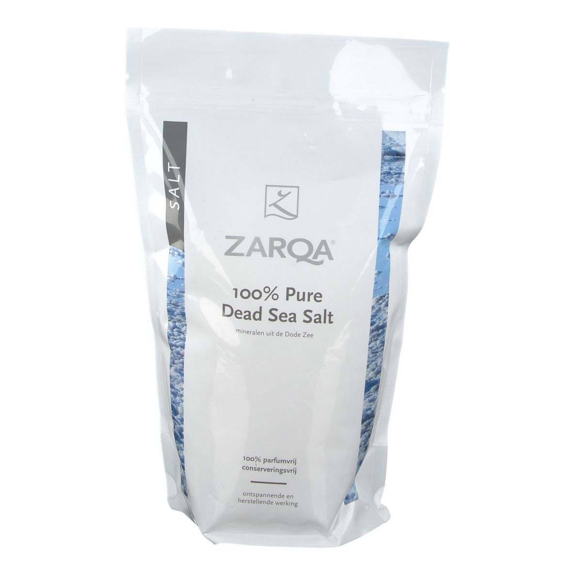 ZARQA®-Beutel mit Totem Meer Salz. Aufdruck: 100% Pure Dead Sea Salt.