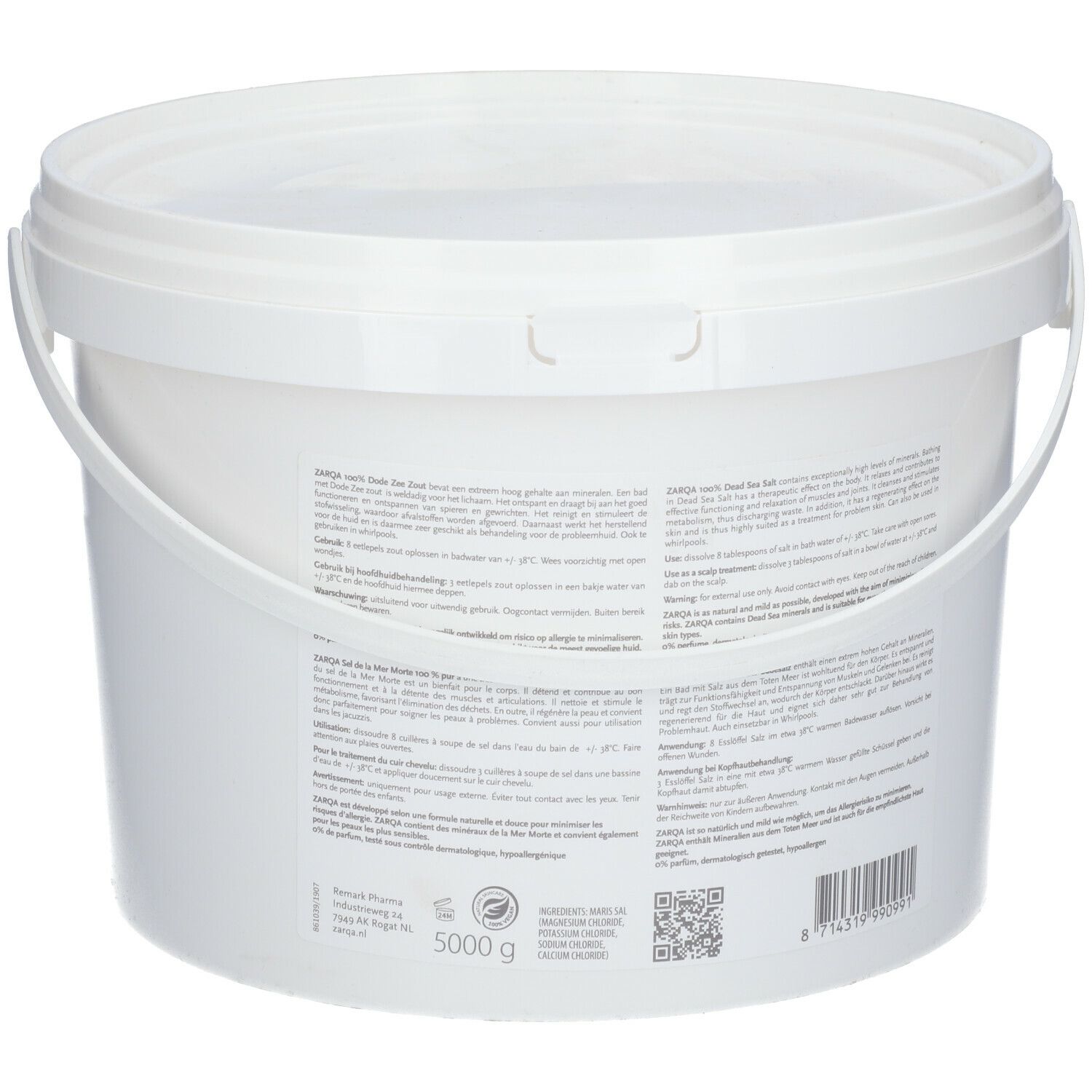 Seau blanc avec couvercle. Dos avec texte et code QR. Poids : 5000 g.