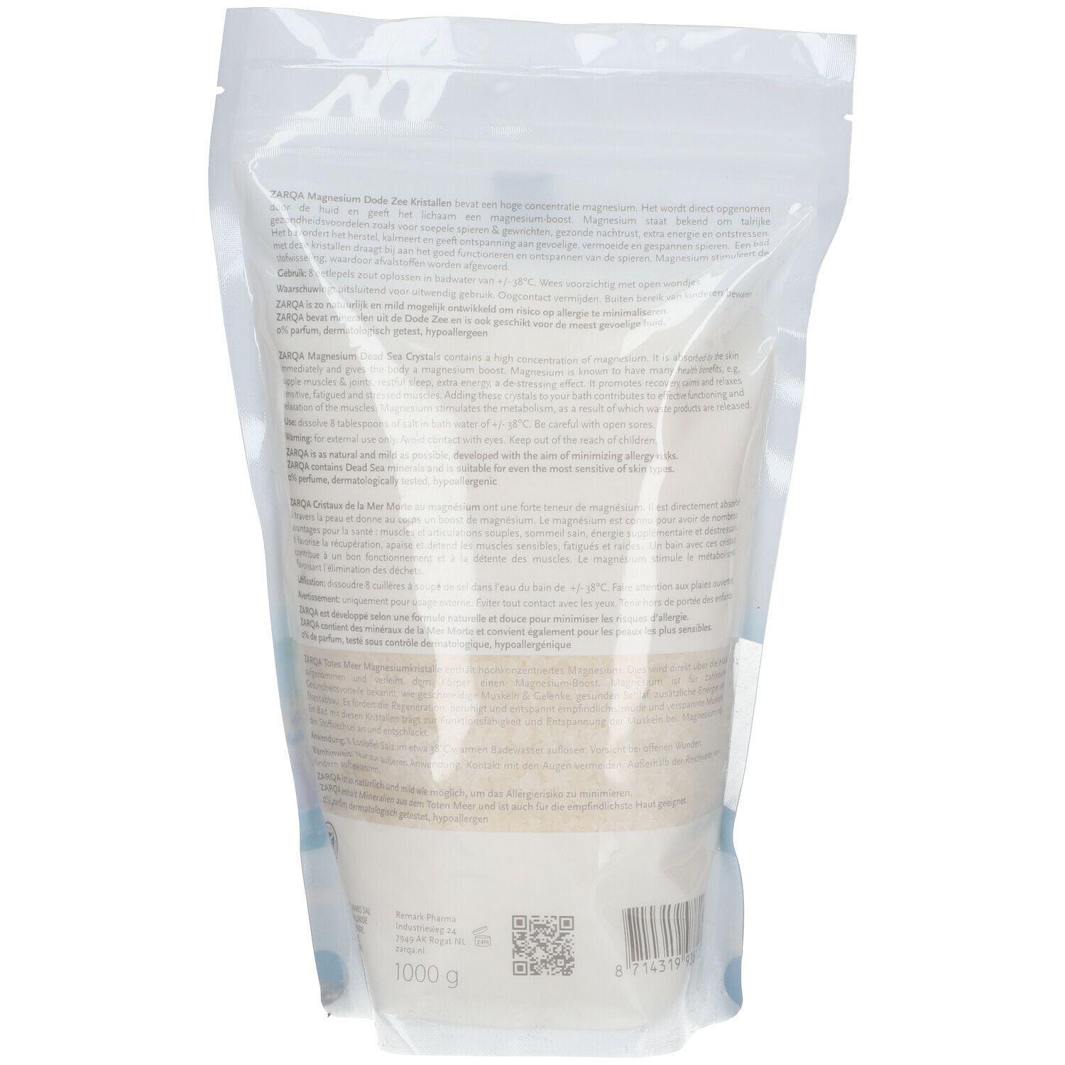 Dos du sachet de cristaux de la mer Morte au magnésium ZARQA. Texte et informations multilingues, 1000g.