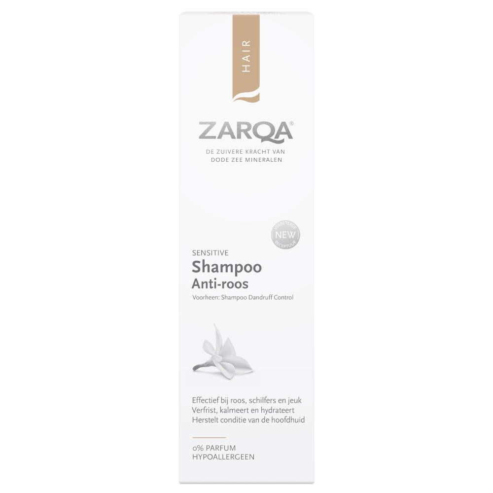 Shampoo antipelliculaire ZARQA. Flacon blanc avec accents marron et bleu. Nom du produit et logo visibles.