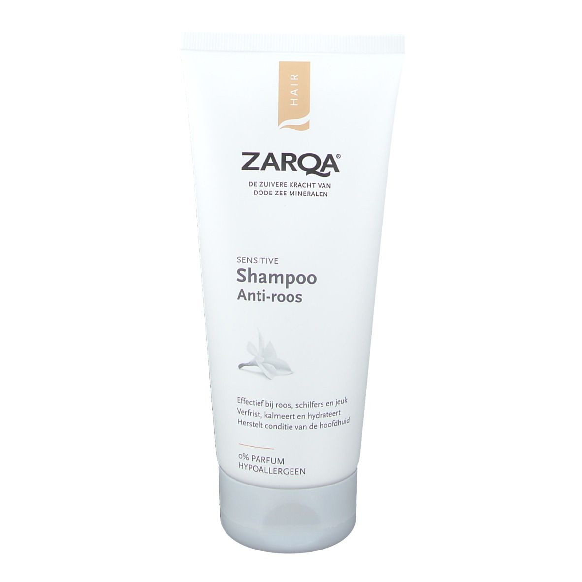 Shampooing antipelliculaire ZARQA. Tube blanc avec nom et logo du produit. Inscription 'Sensitive'.
