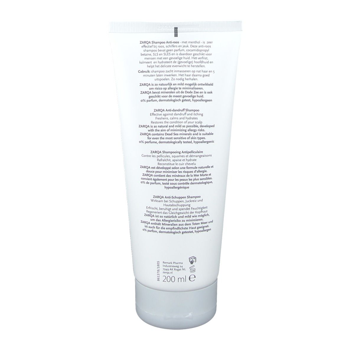 Dos du tube de shampooing antipelliculaire ZARQA. Texte multilingue. Indication de volume : 200 ml.