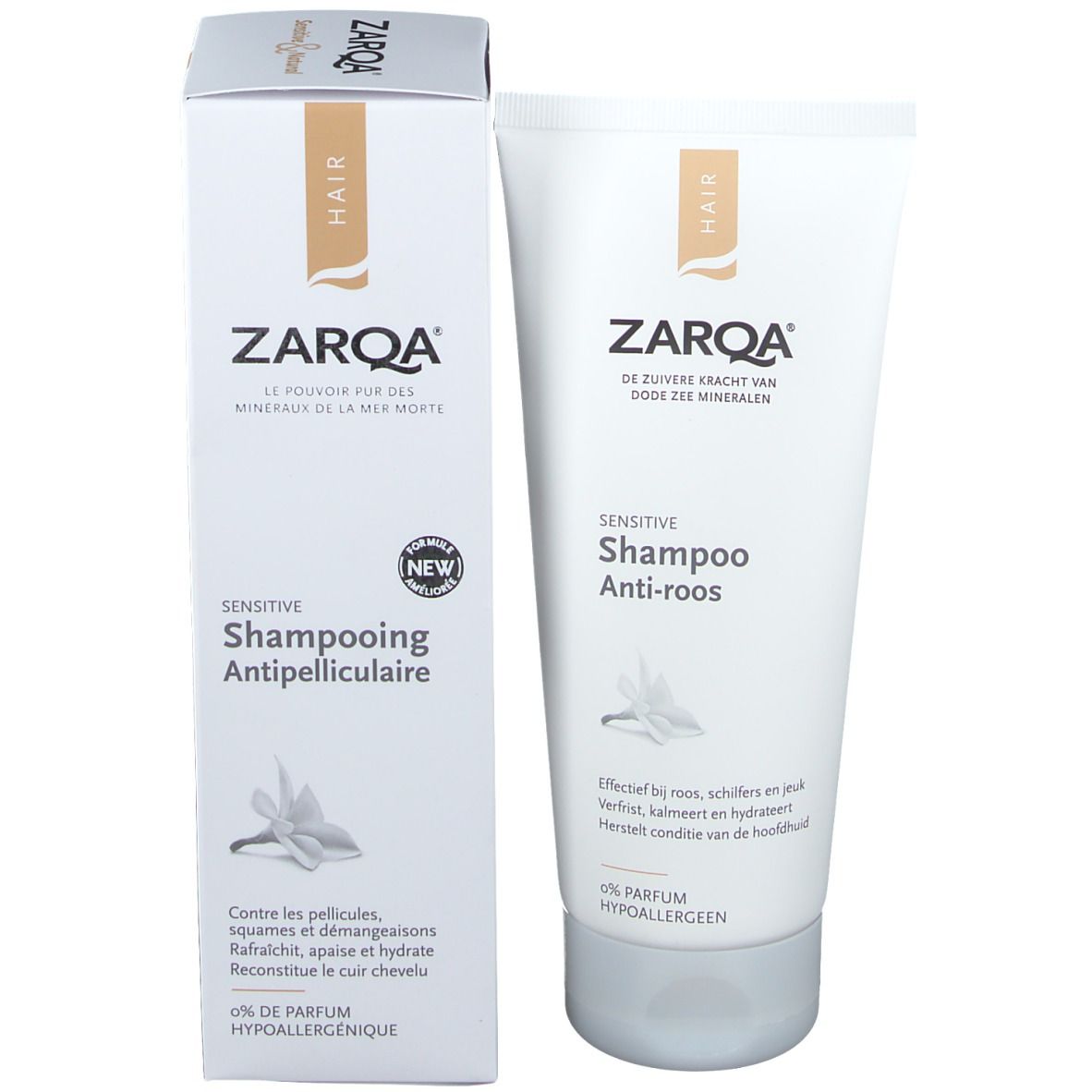 Shampooing antipelliculaire ZARQA et emballage. Tube blanc et carton avec nom et logo du produit.