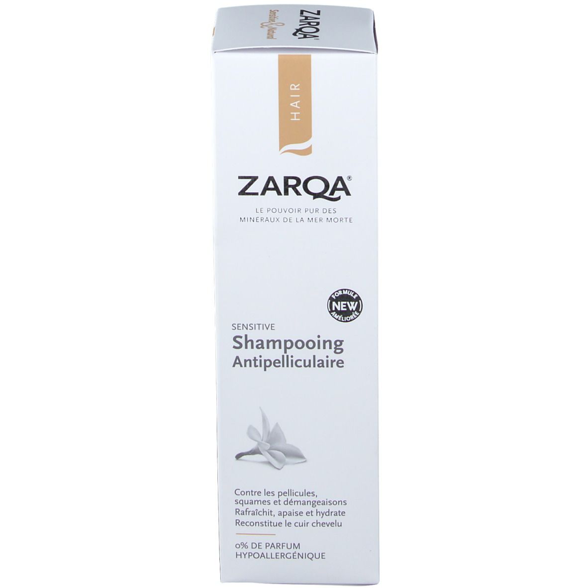 Emballage du shampooing antipelliculaire ZARQA. Carton blanc avec nom et logo du produit. Autocollant 'NEW'.