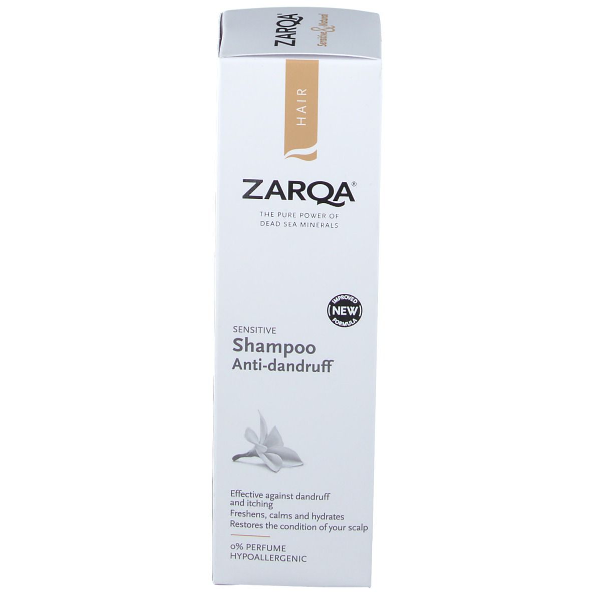 Emballage du shampooing antipelliculaire ZARQA. Carton blanc avec nom et logo du produit. Autocollant 'NEW'.