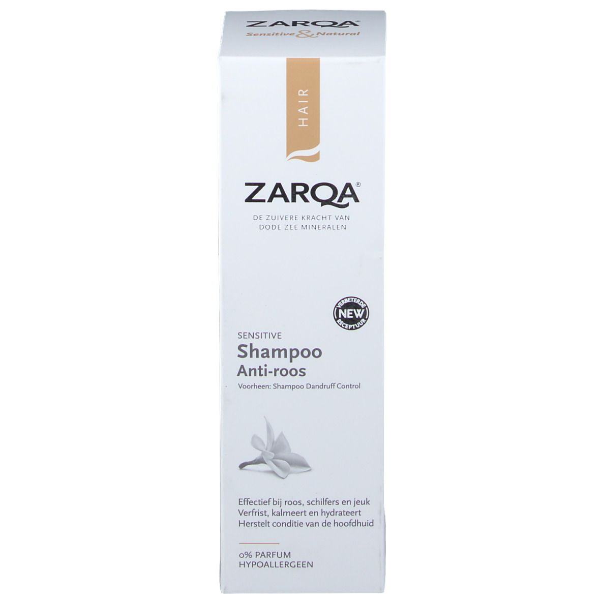Emballage du shampooing antipelliculaire ZARQA. Carton blanc avec nom et logo du produit. Autocollant 'NEW'.