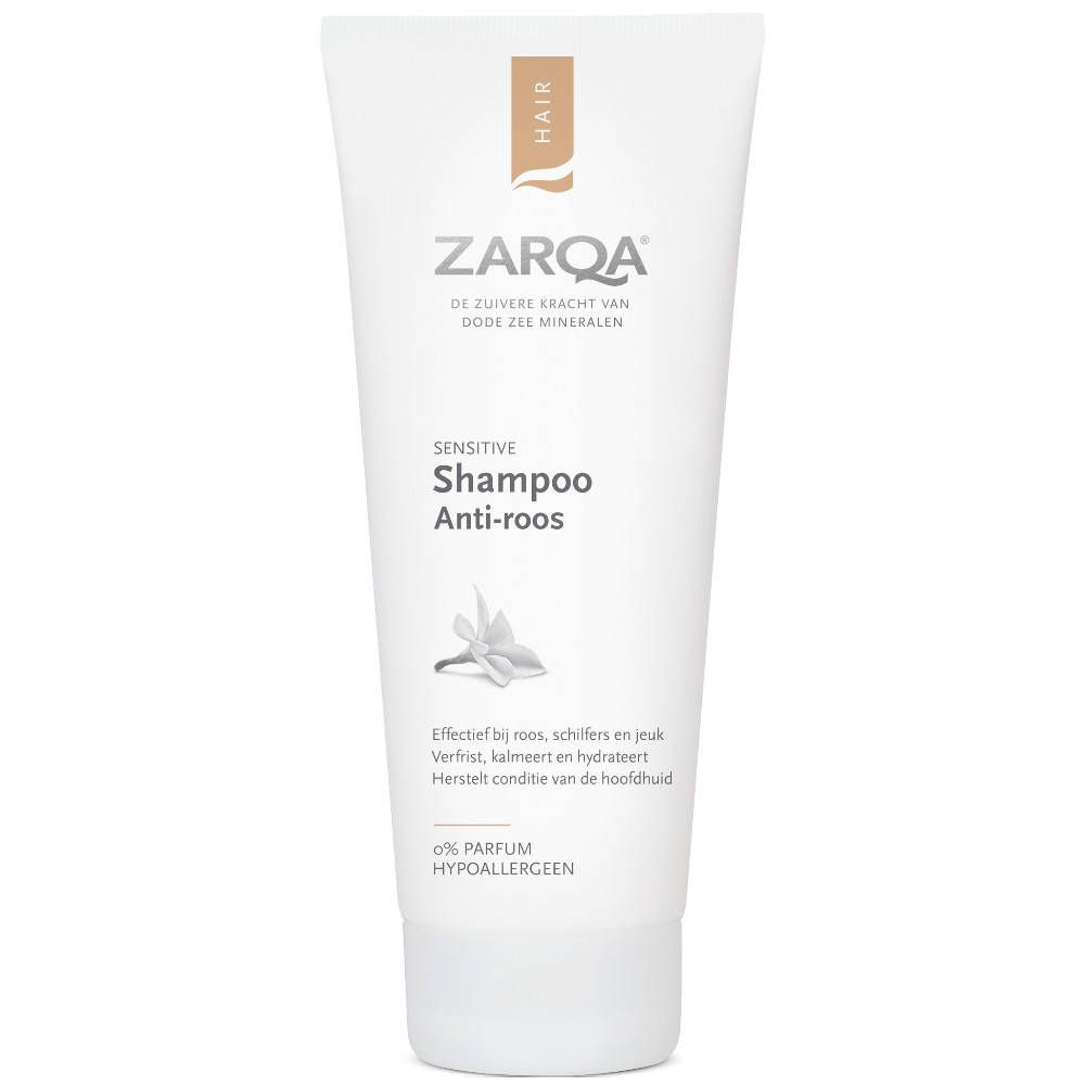 Shampooing antipelliculaire ZARQA. Tube blanc avec nom et logo du produit. Inscription 'Sensitive'.