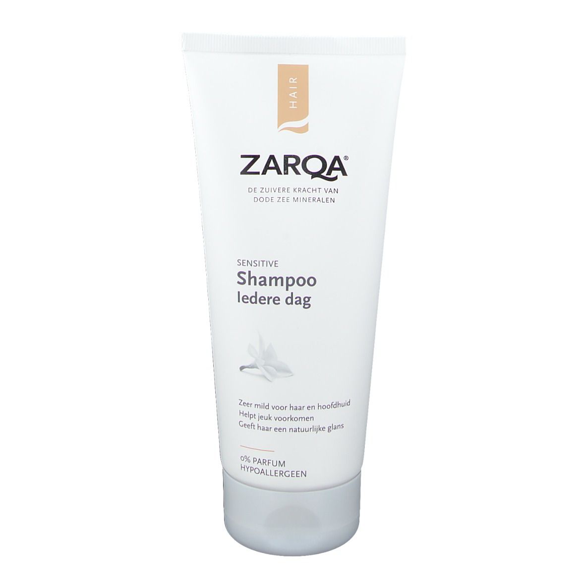 Tube de shampooing ZARQA. Blanc, avec texte et nom du produit. Contient des informations sur les ingrédients et les propriétés.