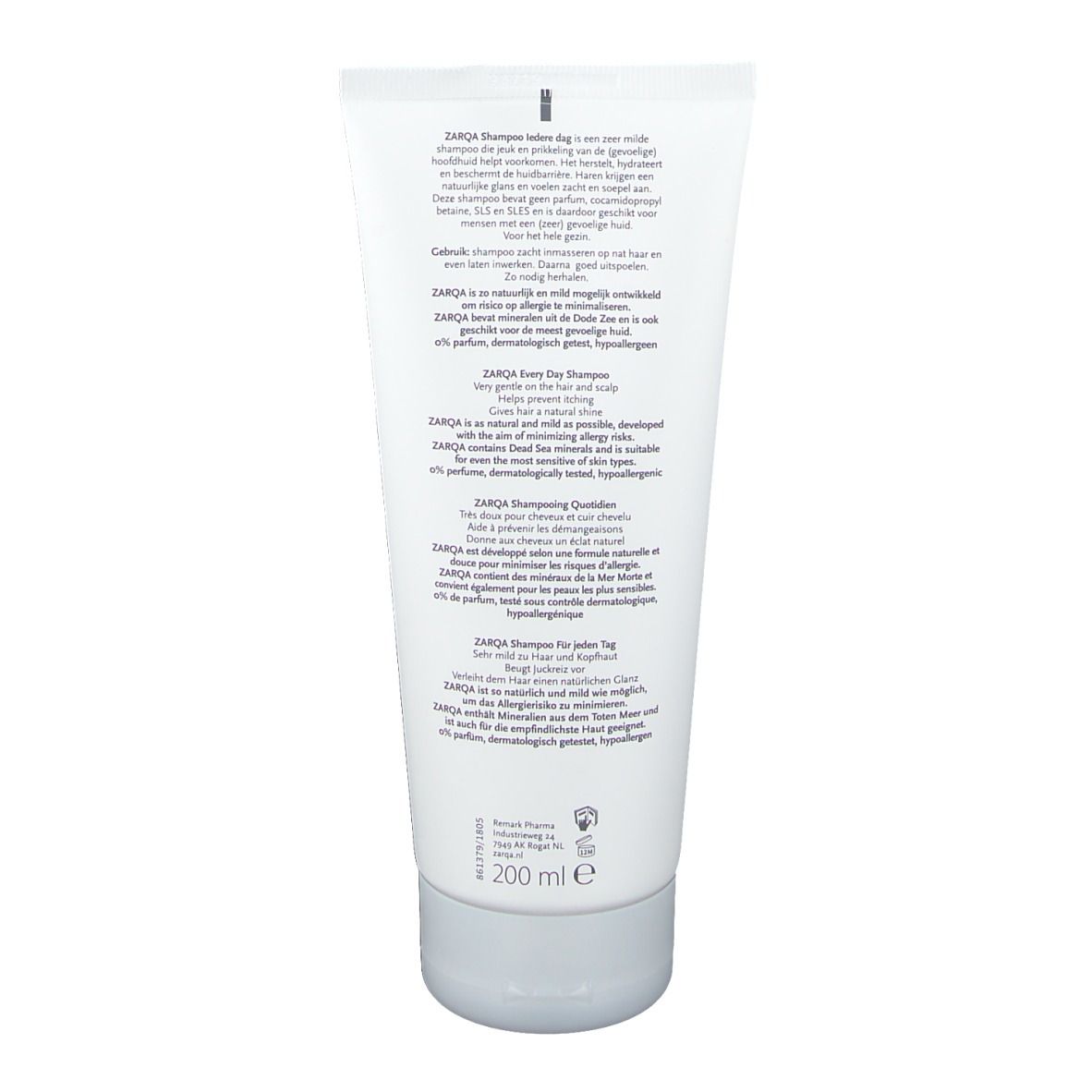 Dos du tube de shampooing ZARQA. Contient du texte en plusieurs langues, des ingrédients et des informations sur le fabricant.