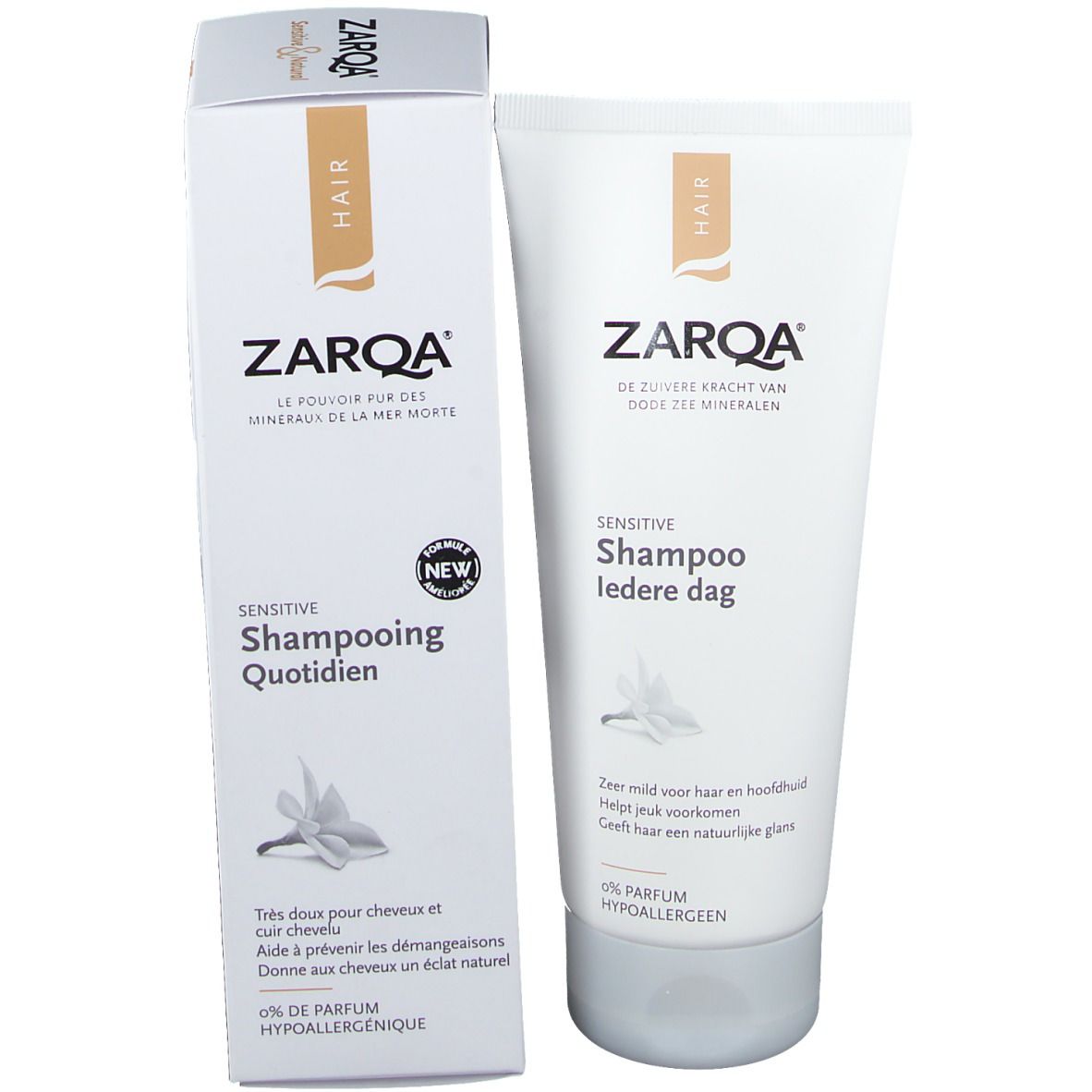 Tube et emballage de shampooing ZARQA. Blanc, avec texte et nom du produit. Contient des informations sur les ingrédients.
