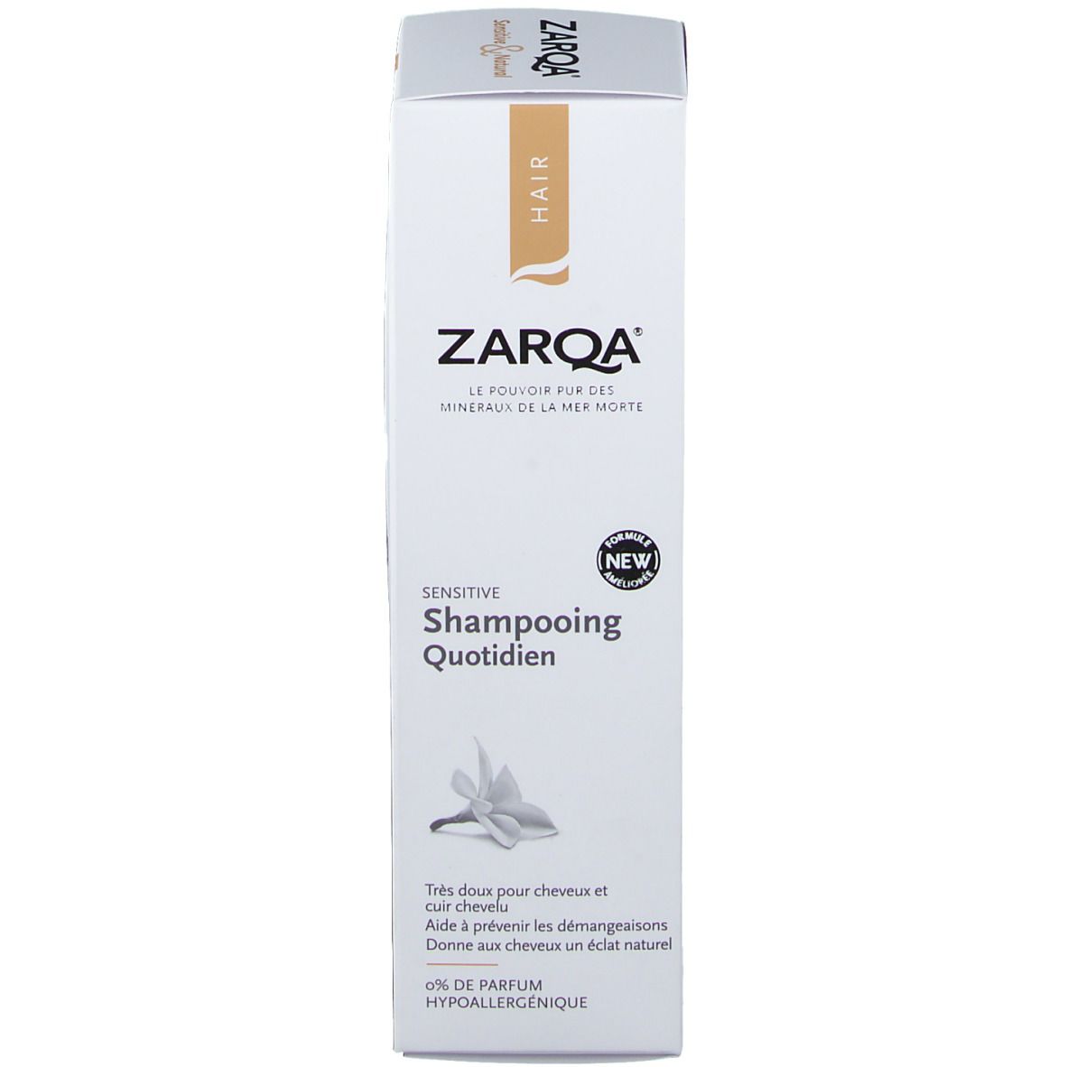 Emballage de shampooing ZARQA. Blanc, avec texte et nom du produit. Contient des informations sur les ingrédients et les propriétés.