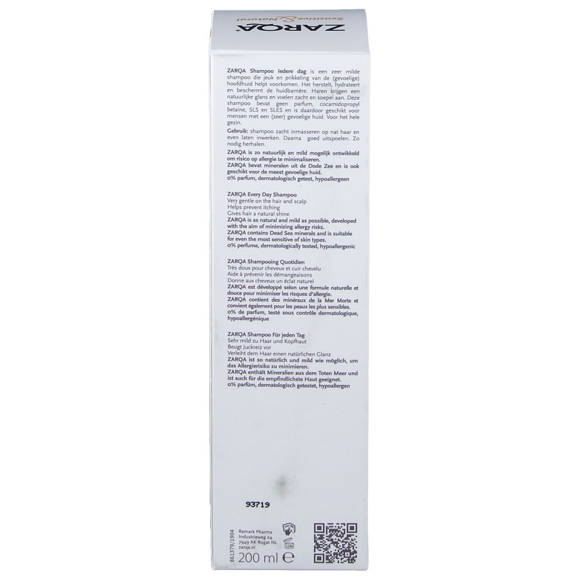 Emballage de shampooing ZARQA. Contient du texte en plusieurs langues, ingrédients et informations fabricant. 200 ml.