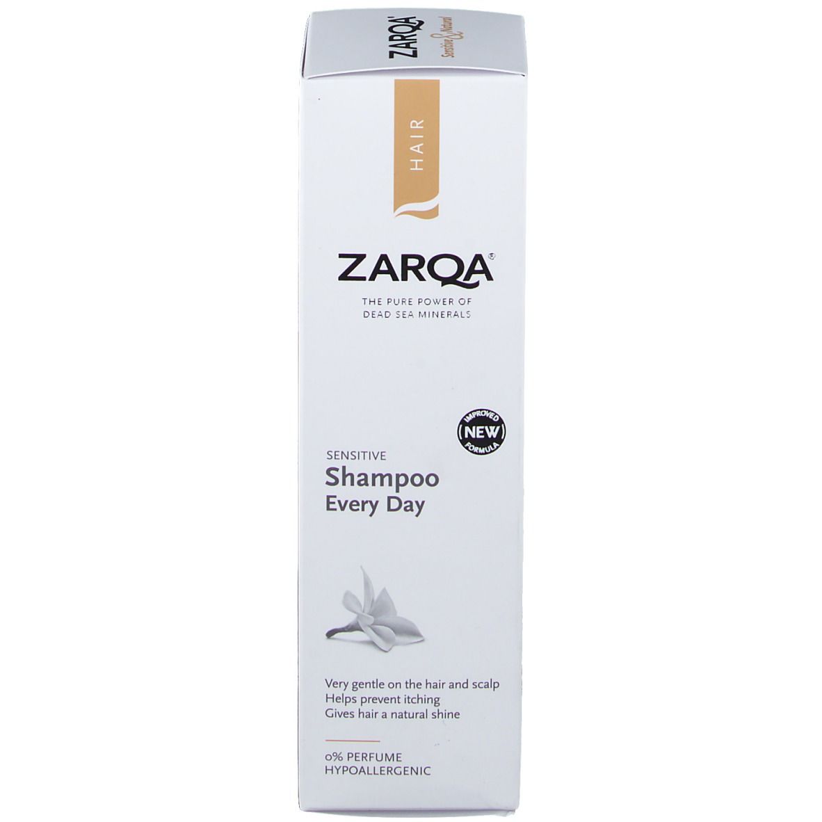 Emballage de shampooing ZARQA. Blanc, avec texte et nom du produit. Contient des informations sur les ingrédients et les propriétés.