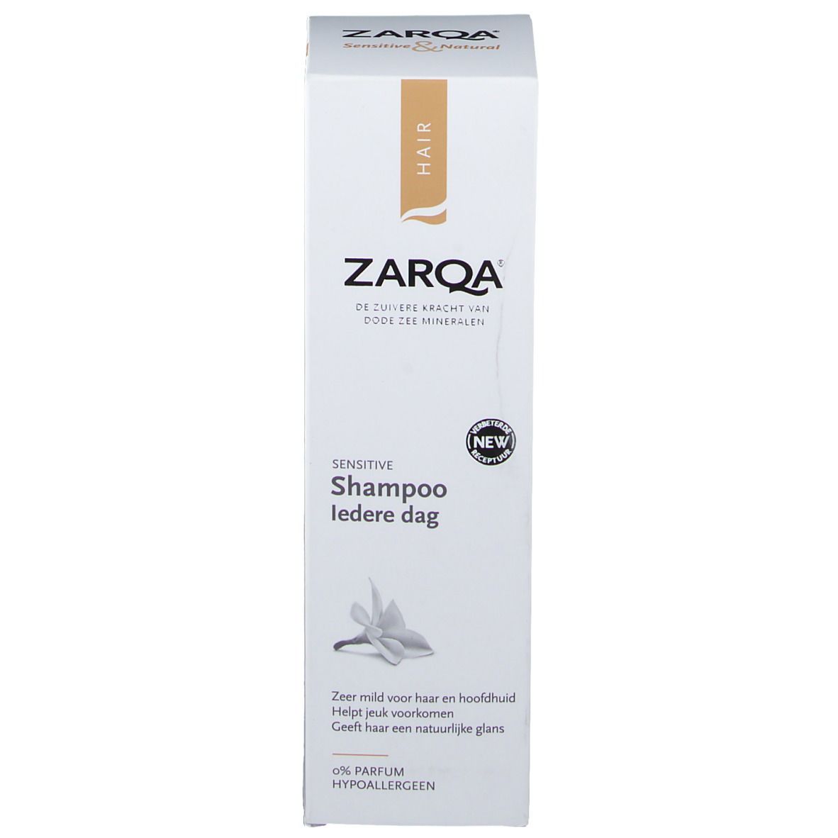 Emballage de shampooing ZARQA. Blanc, avec texte et nom du produit. Contient des informations sur les ingrédients et les propriétés.