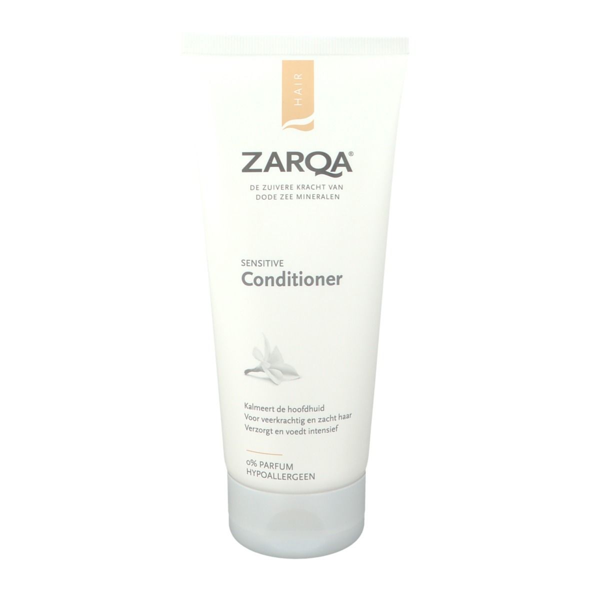 Tube blanche ZARQA® Sensitive Conditioner. Inscription: 0% Parfum, hypoallergénique.