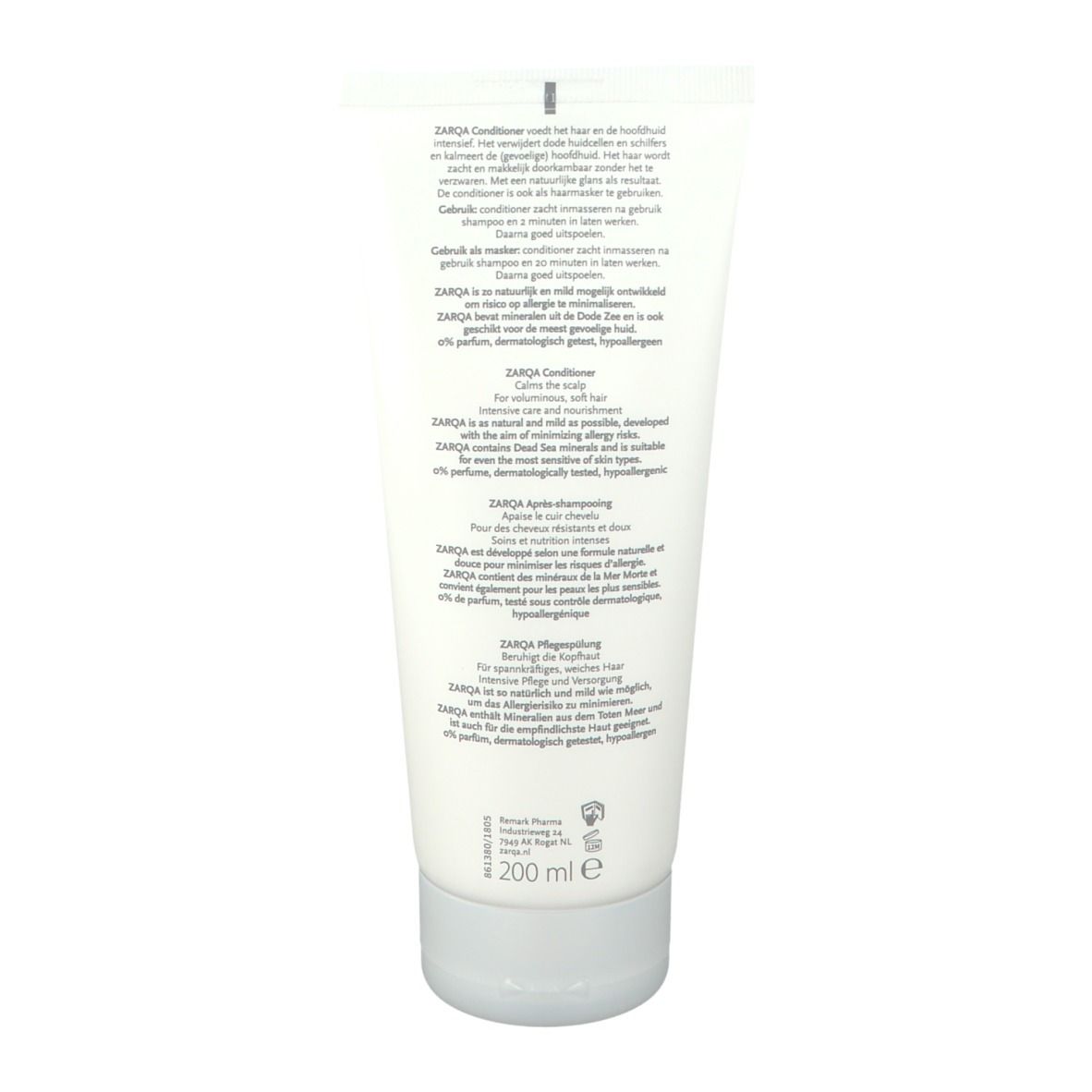 Dos du tube ZARQA®. Texte multilingue. 200 ml.