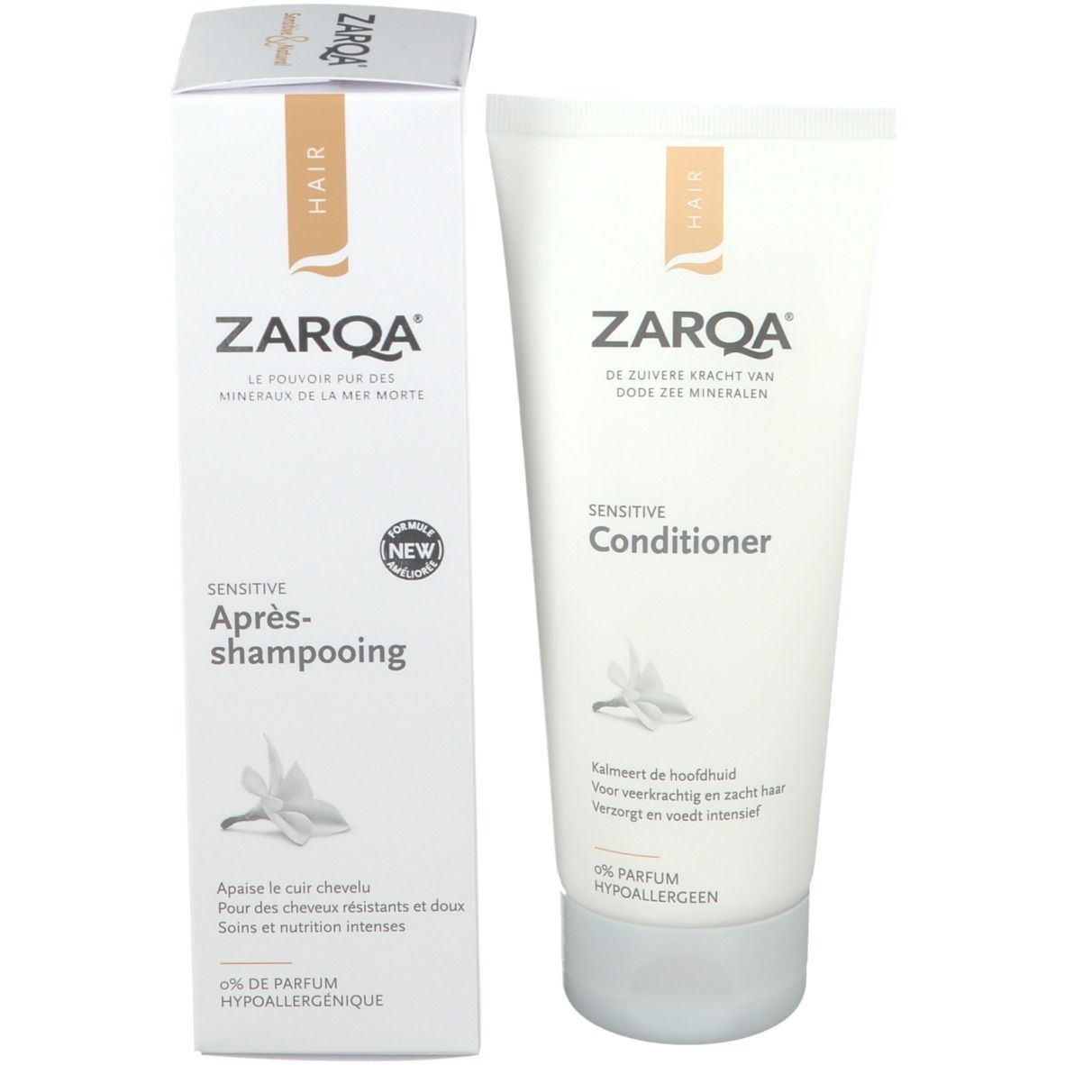 ZARQA® Après-shampooing et emballage. Inscription: 0% Parfum, hypoallergénique.