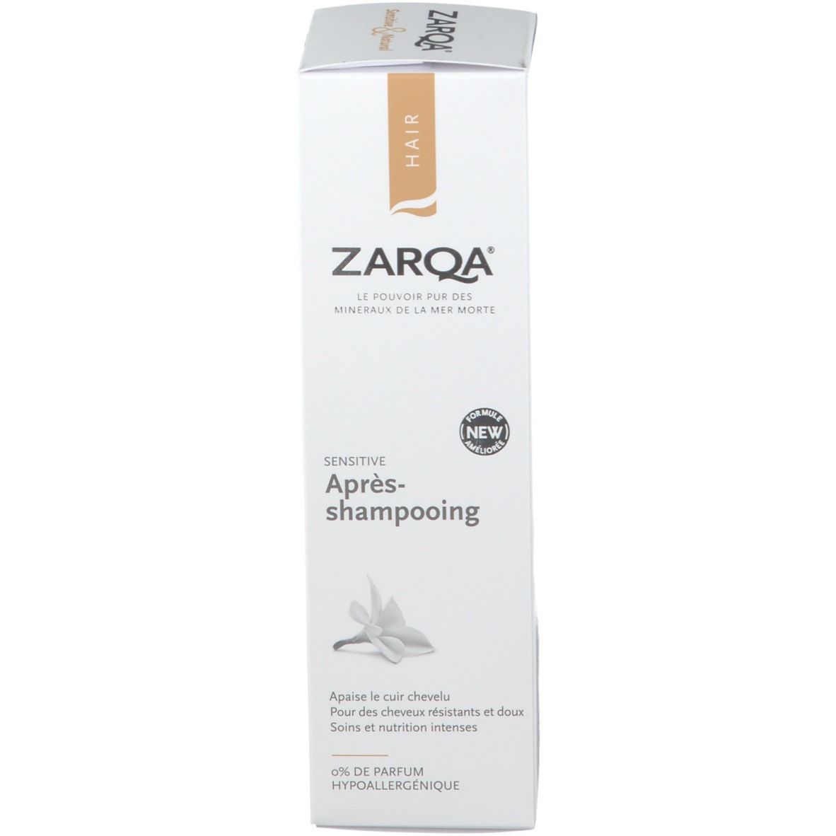 Emballage ZARQA® Après-shampooing. Inscription: 0% Parfum, hypoallergénique.