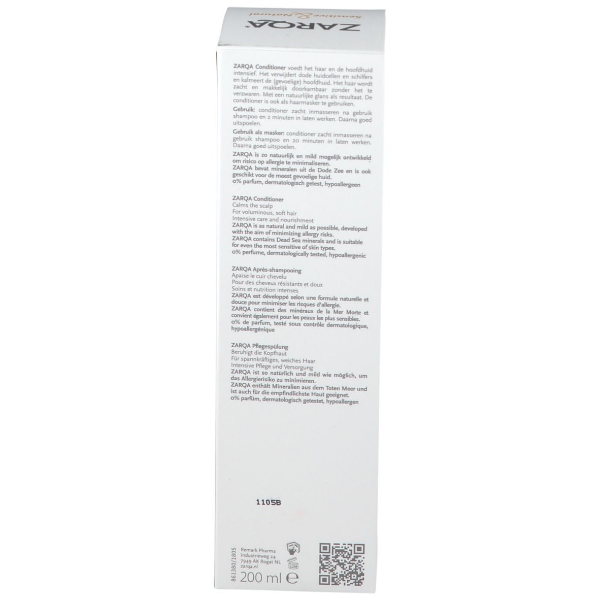 Dos de l'emballage ZARQA® Après-shampooing. Texte multilingue. 200 ml.