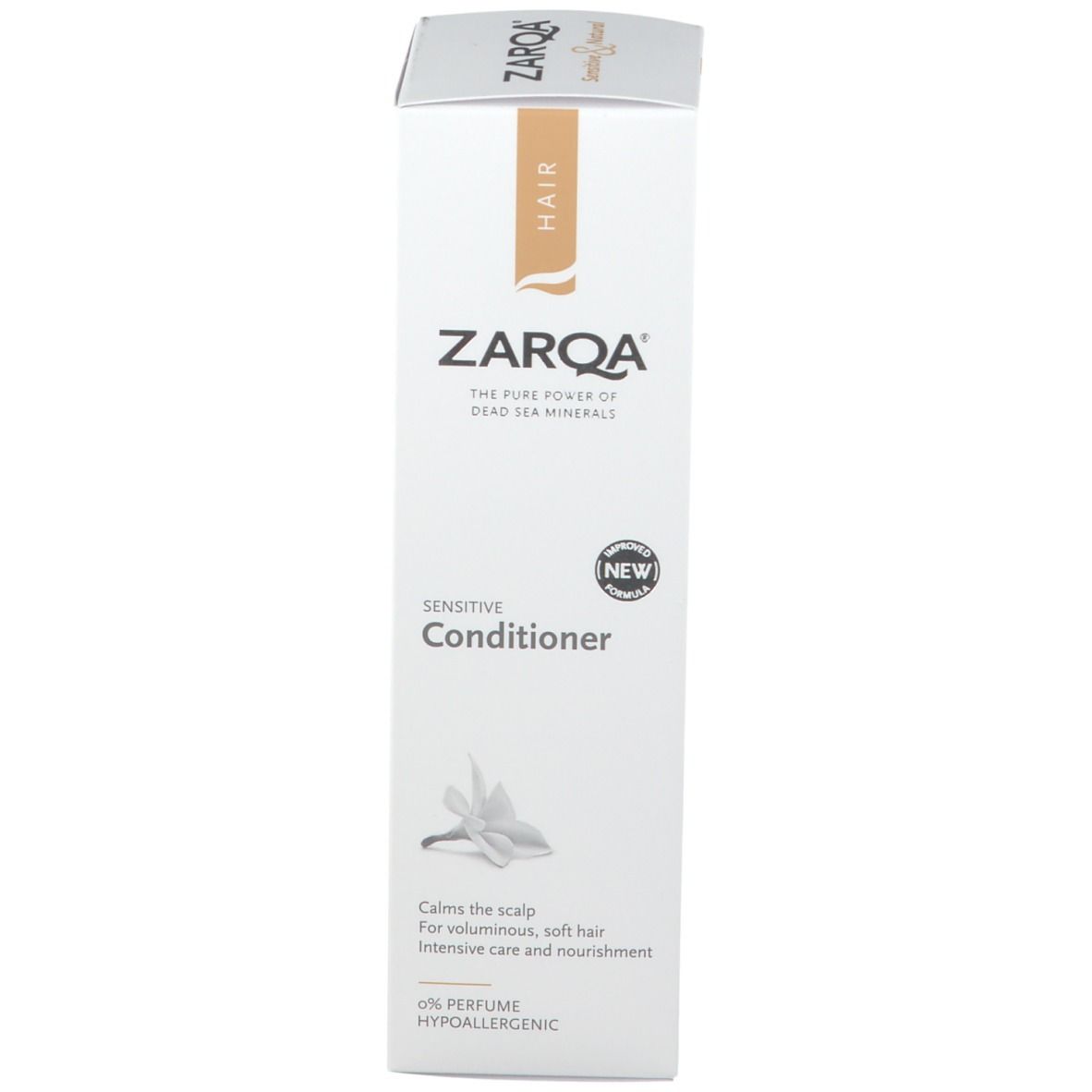 Emballage ZARQA® Sensitive Conditioner. Inscription: 0% Parfum, hypoallergénique.