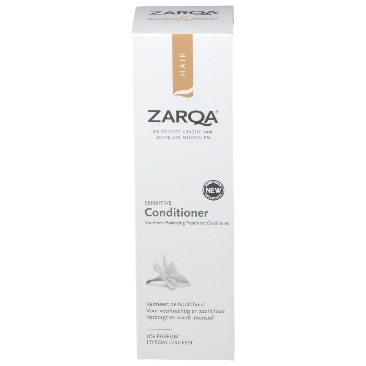 Emballage ZARQA® Sensitive Conditioner. Inscription: Voorheen Balancing Treatment Conditioner.