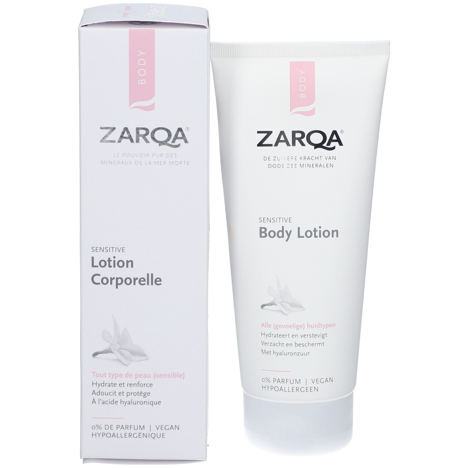 Weiße Schachtel und Tube mit ZARQA-Logo und 'Sensitive Lotion Corporelle'. Enthält Text in Niederländisch und Französisch.