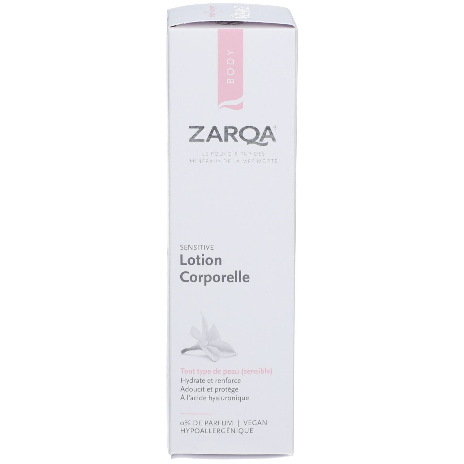 Weiße Schachtel mit ZARQA-Logo und 'Sensitive Lotion Corporelle'. Enthält Text in Französisch. Vegan, parfümfrei.