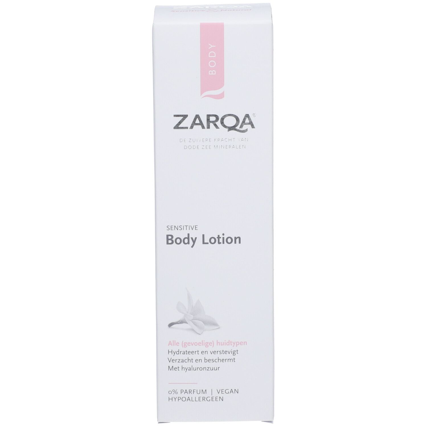 Weiße Schachtel mit ZARQA-Logo und 'Sensitive Body Lotion'. Enthält Text in Niederländisch. Vegan, parfümfrei.