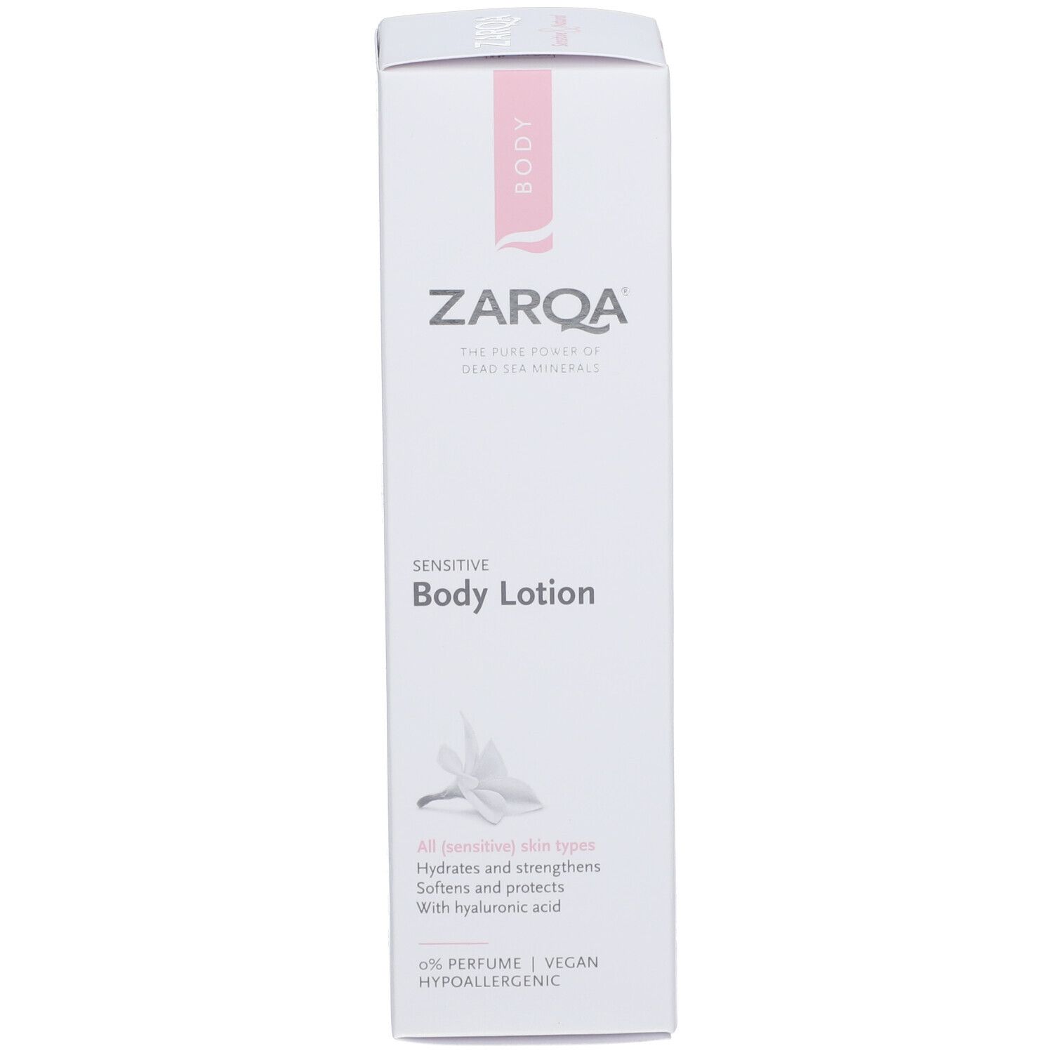 Weiße Schachtel mit ZARQA-Logo und 'Sensitive Body Lotion'. Enthält Text in Englisch. Vegan, parfümfrei.