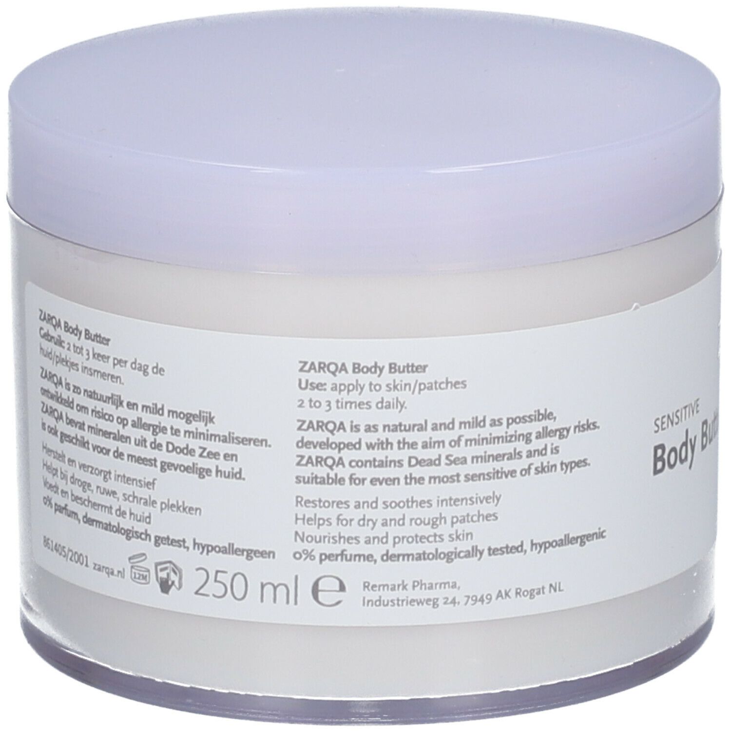 Achterkant van de ZARQA Sensitive Body Butter pot. Tekst: ZARQA Body Butter, 0% parfum, dermatologisch getest, hypoallergeen, 250 ml.