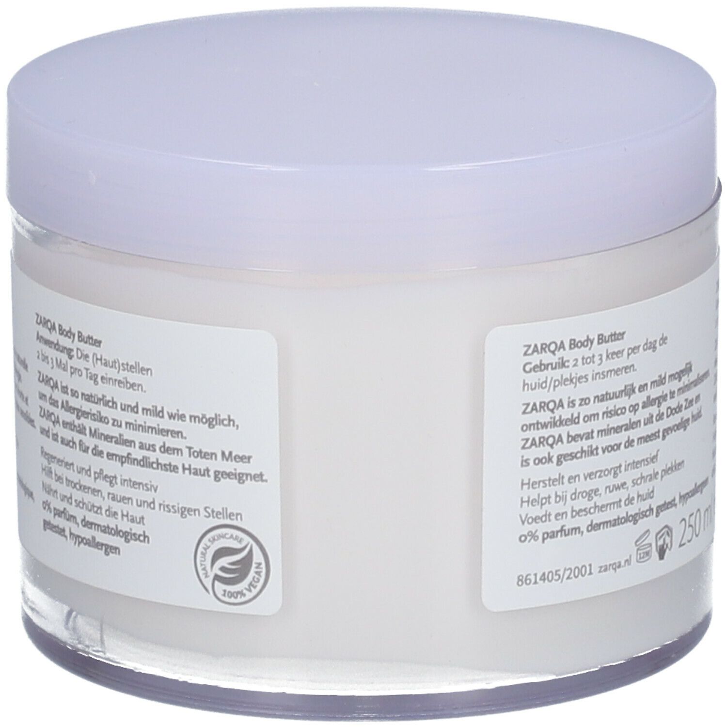 Achterkant van de ZARQA Sensitive Body Butter pot. Tekst: ZARQA Body Butter, 0% parfum, dermatologisch getest, hypoallergeen, Vegan-zegel.