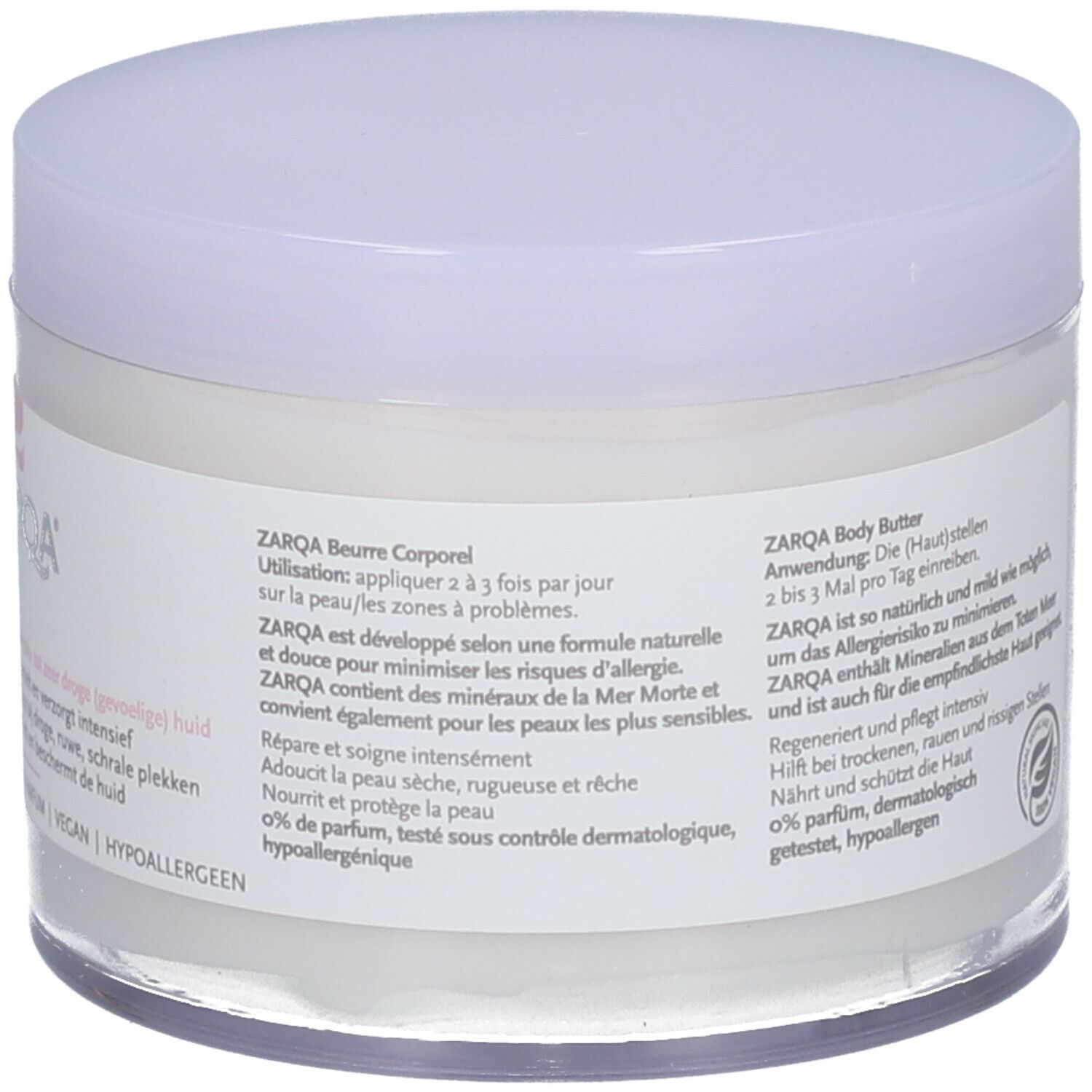 Achterkant van de ZARQA Beurre Corporel pot. Tekst: ZARQA Beurre Corporel, 0% parfum, dermatologisch getest, hypoallergeen.