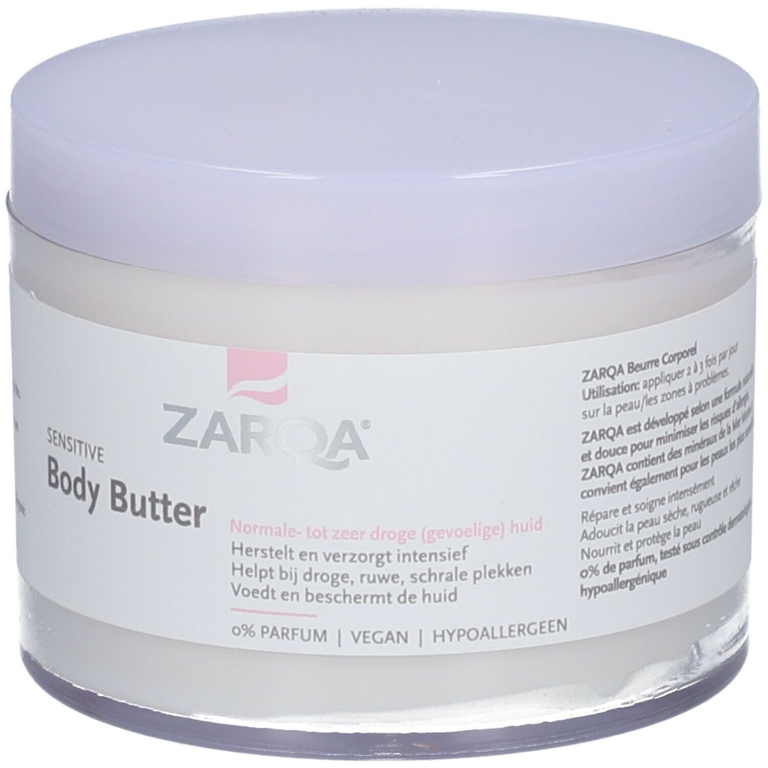 ZARQA Sensitive Body Butter pot met deksel. Opschrift: Sensitive Body Butter, 0% Parfum, Vegan, Hypoallergeen.