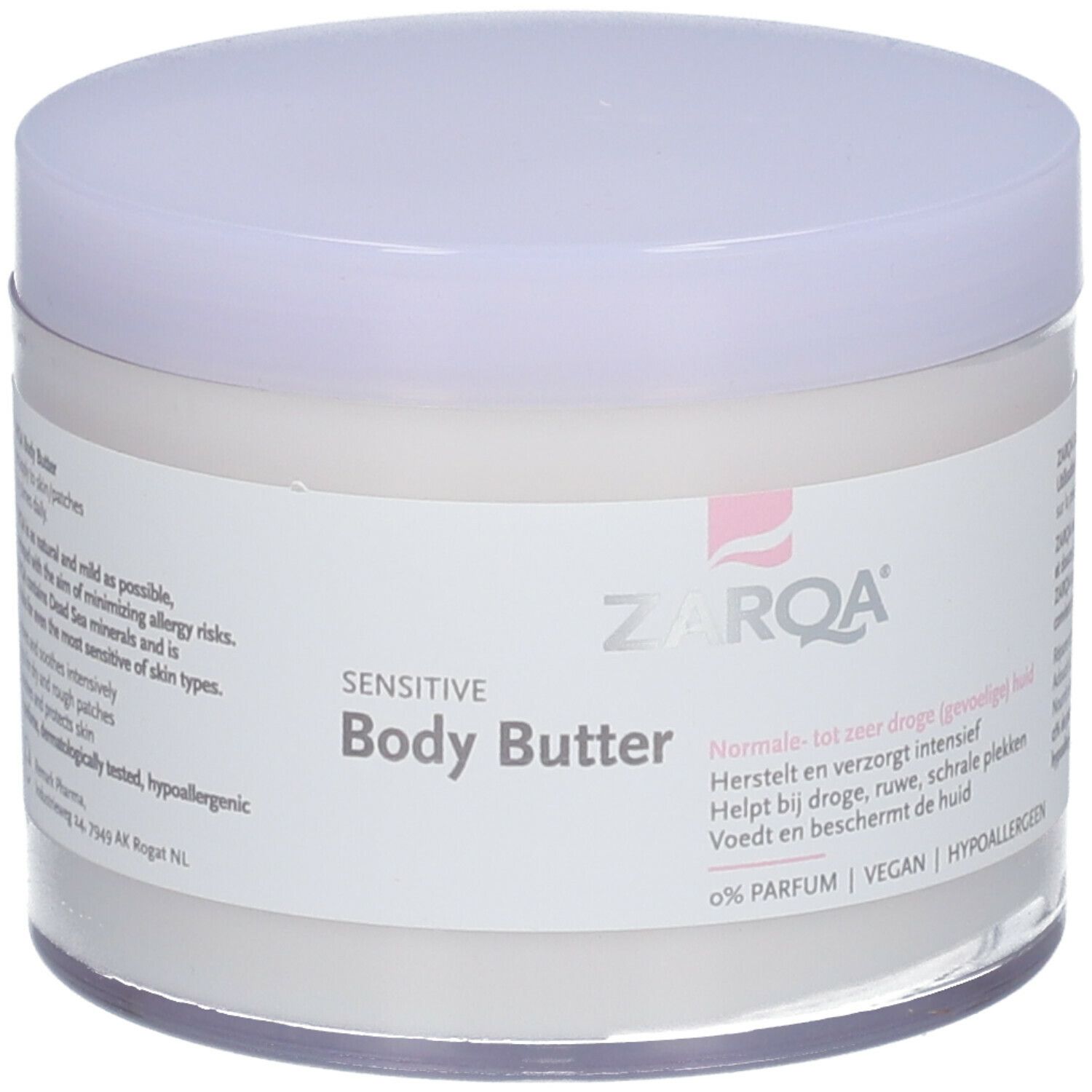 ZARQA Sensitive Body Butter pot met deksel. Opschrift: Sensitive Body Butter, 0% Parfum, Vegan, Hypoallergeen.