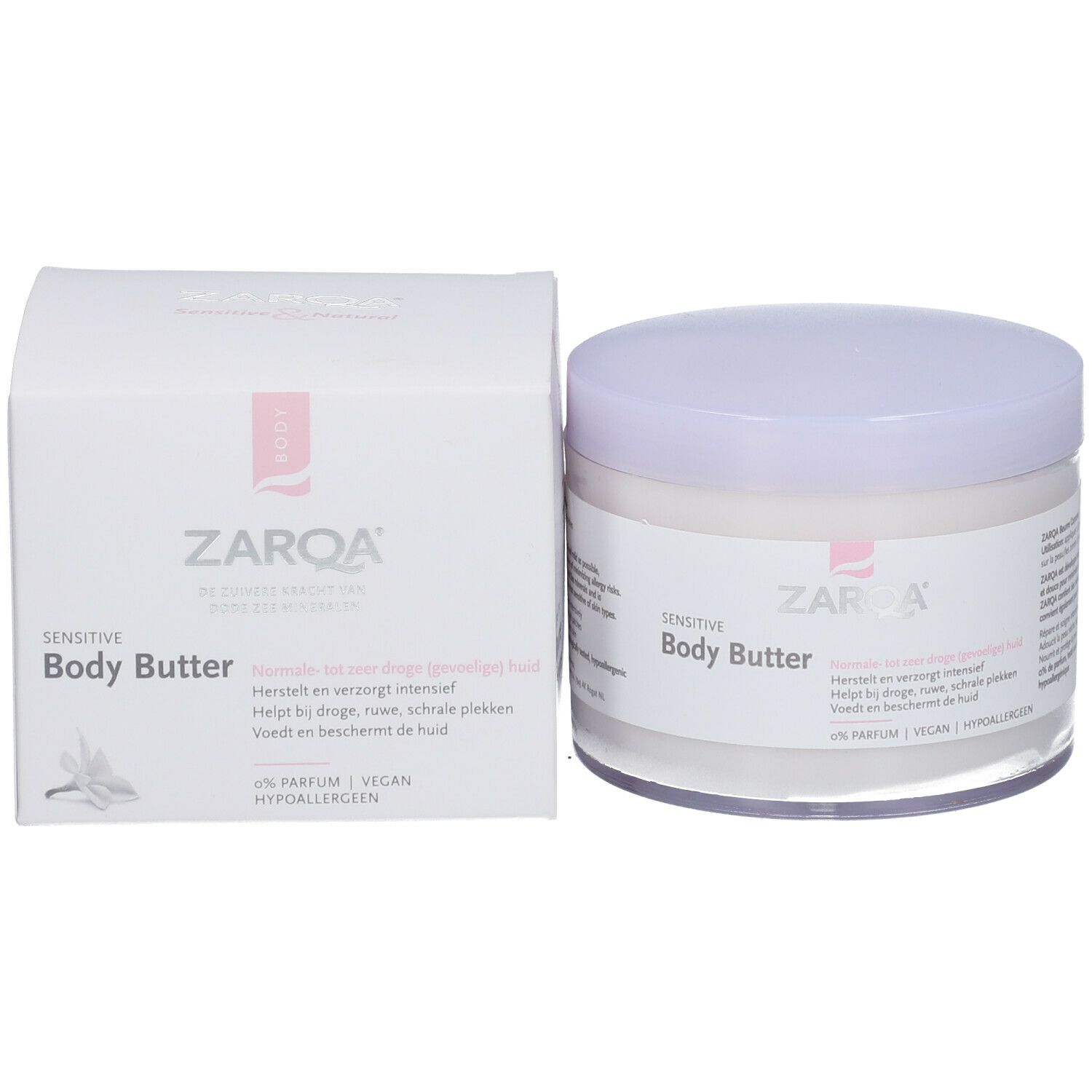 ZARQA Sensitive Body Butter pot en verpakking. Opschrift: Sensitive Body Butter, 0% Parfum, Vegan, Hypoallergeen.