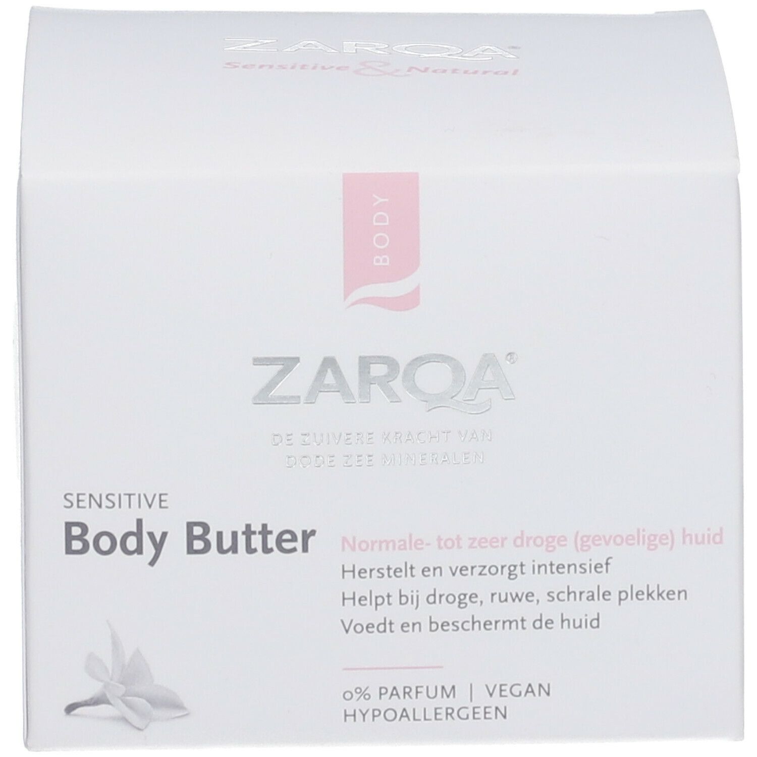 ZARQA Sensitive Body Butter verpakking. Opschrift: Sensitive Body Butter, 0% Parfum, Vegan, Hypoallergeen.