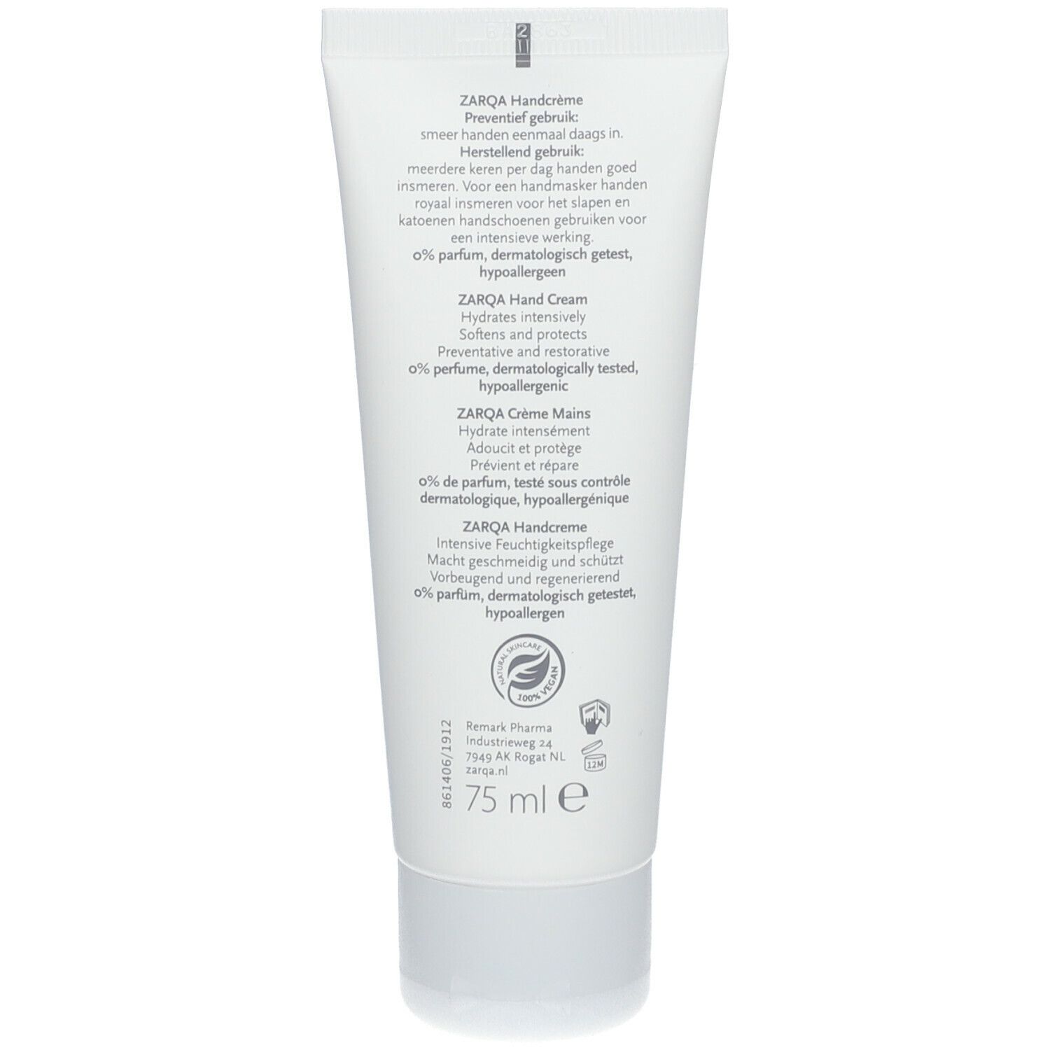 Dos du tube ZARQA Handcrème. Texte multilingue. 75 ml. Label vegan.